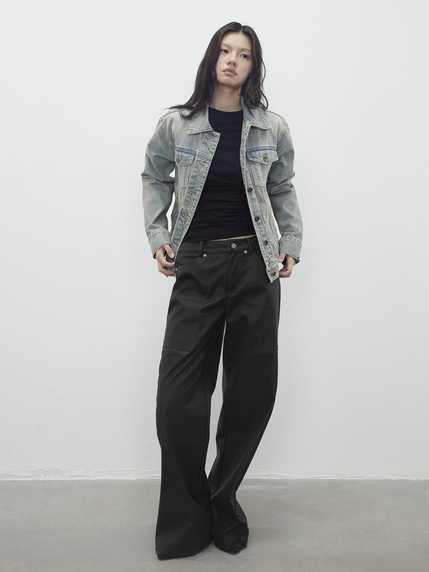 AFTADAWN Vintage Textured Pu Leather Wide Leg Trousers