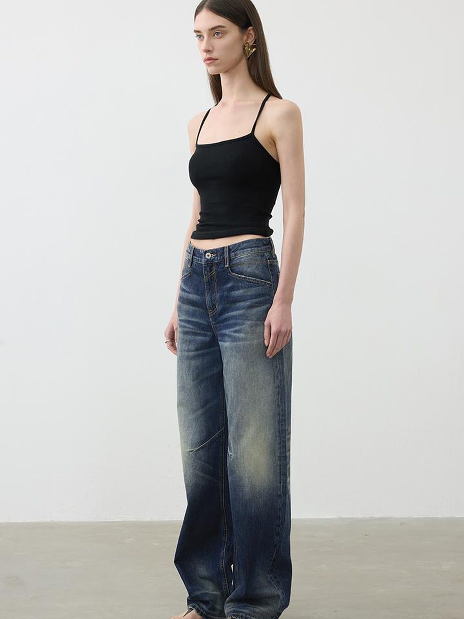 AFTADAWN Vintage Wash Blue Mid Low Waist Curved Hem Denim Pants