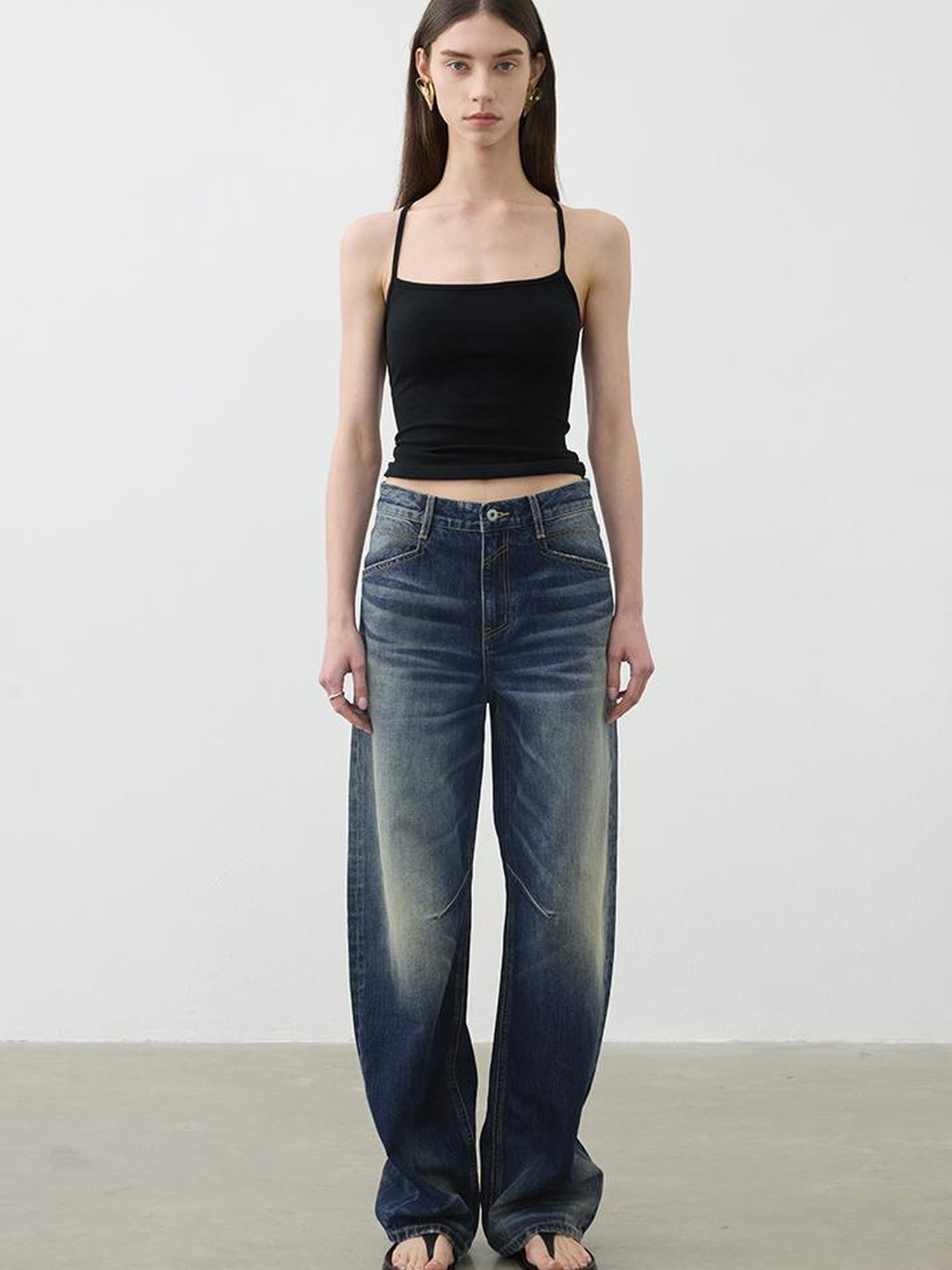 AFTADAWN Vintage Wash Blue Mid Low Waist Curved Hem Denim Pants