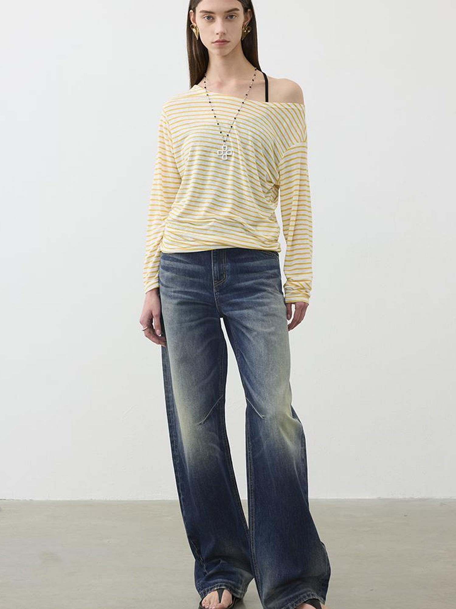 AFTADAWN Vintage Wash Blue Mid Low Waist Curved Hem Denim Pants