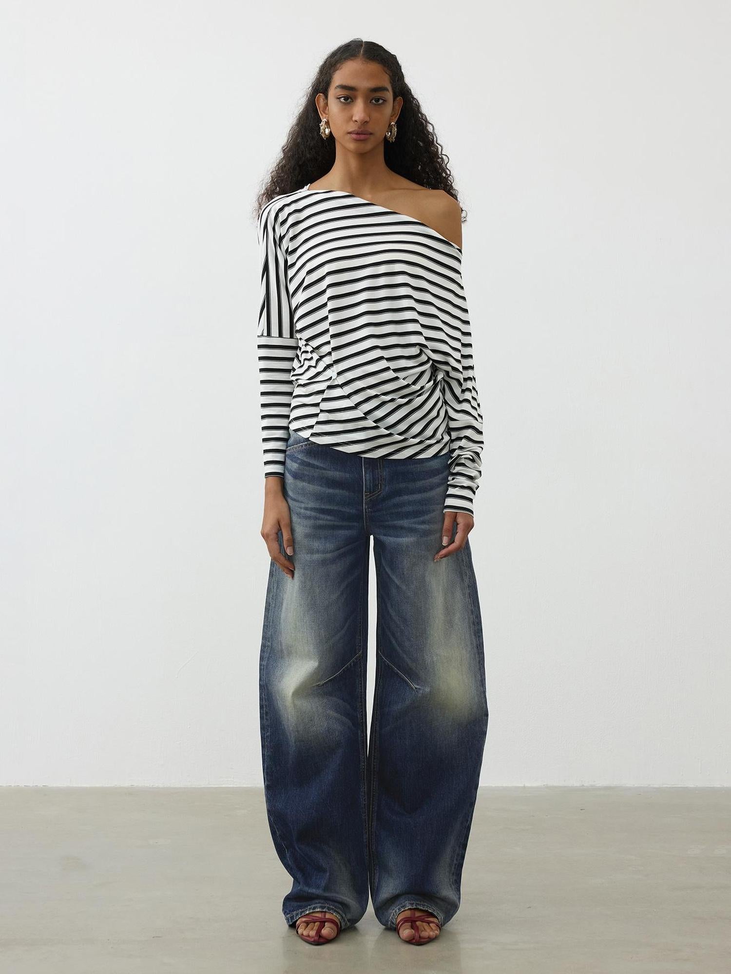 AFTADAWN Vintage Wash Blue Mid Low Waist Curved Hem Denim Pants