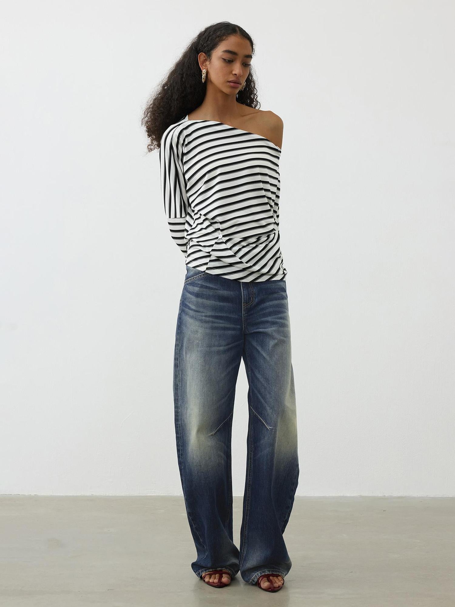 AFTADAWN Vintage Wash Blue Mid Low Waist Curved Hem Denim Pants