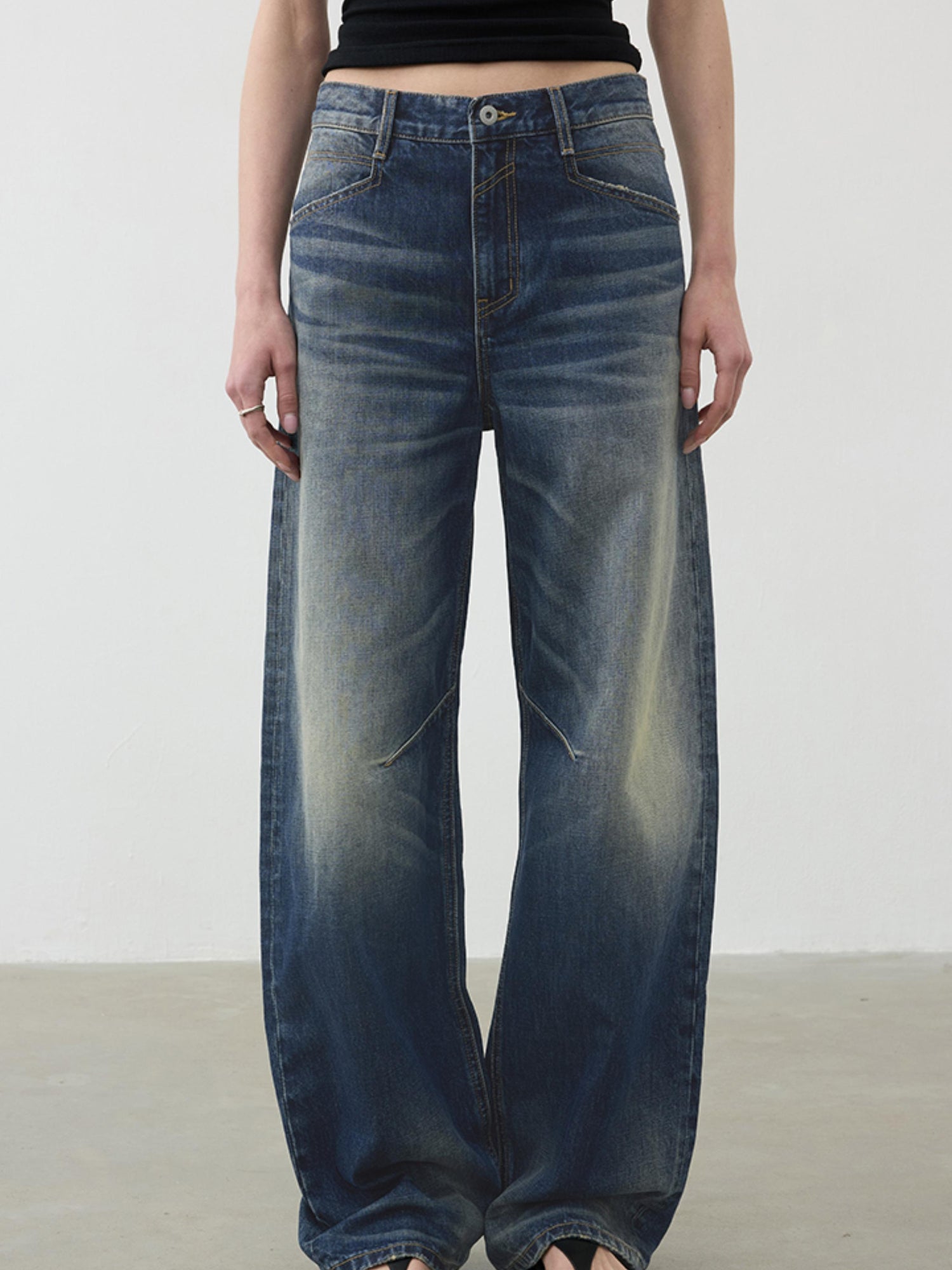AFTADAWN Vintage Wash Blue Mid Low Waist Curved Hem Denim Pants