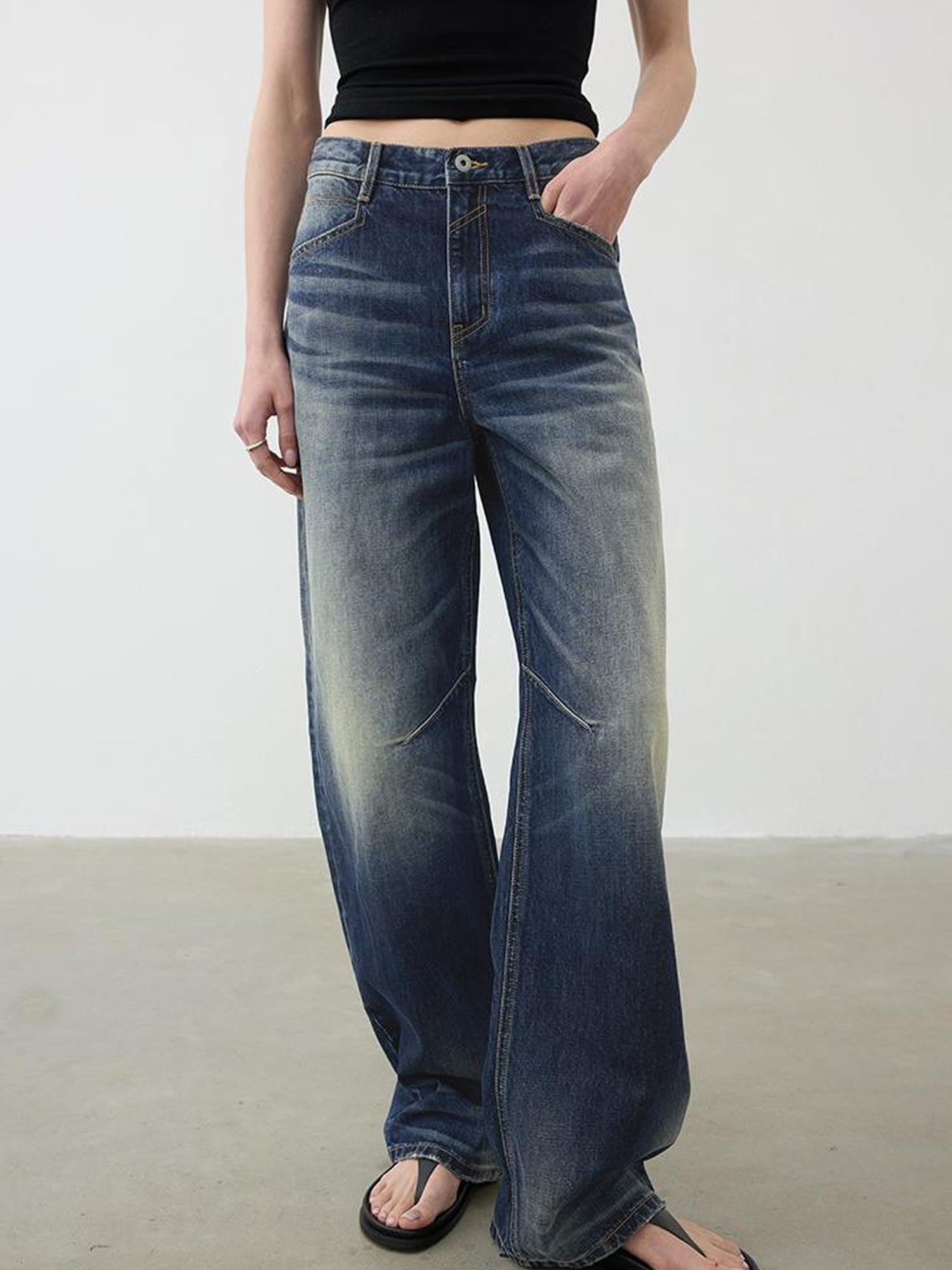 AFTADAWN Vintage Wash Blue Mid Low Waist Curved Hem Denim Pants
