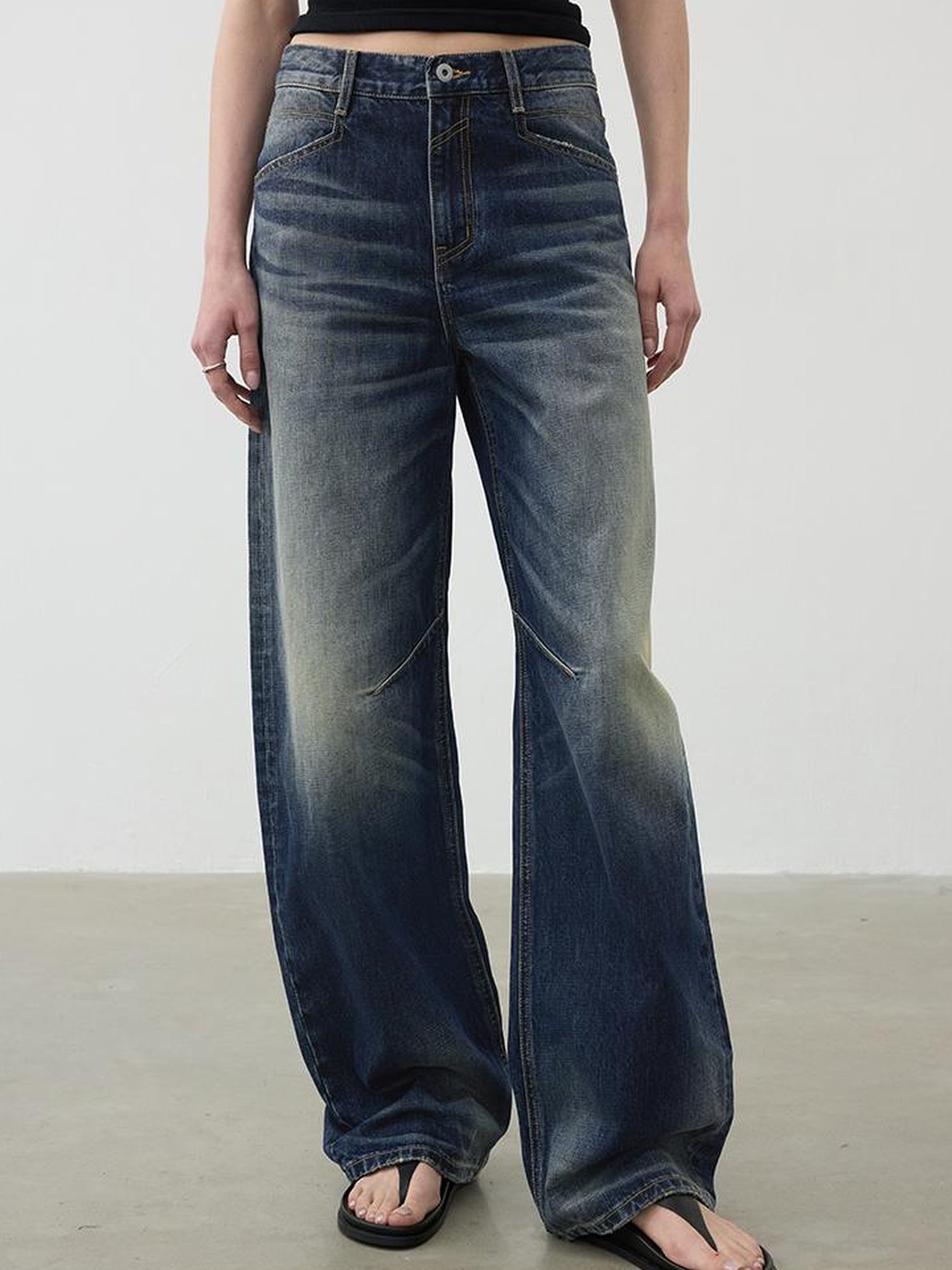 AFTADAWN Vintage Wash Blue Mid Low Waist Curved Hem Denim Pants