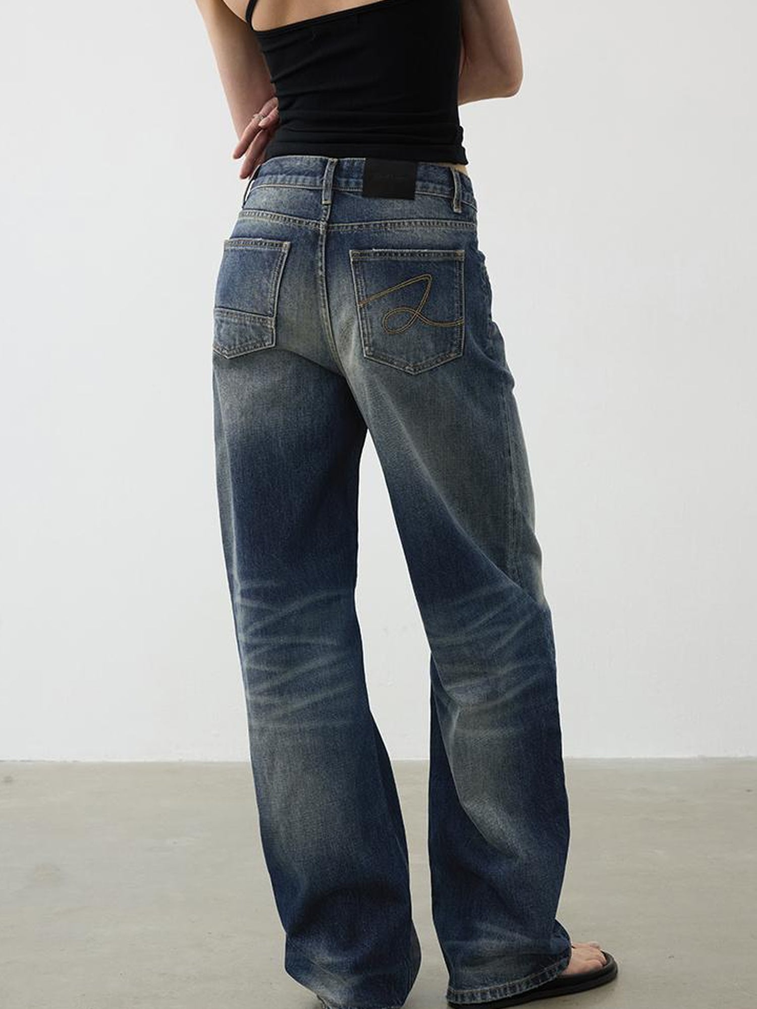 AFTADAWN Vintage Wash Blue Mid Low Waist Curved Hem Denim Pants