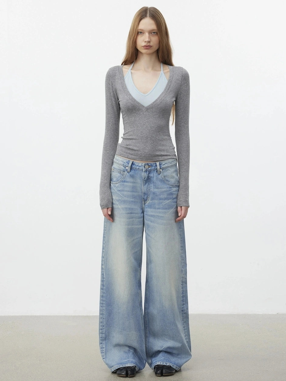 AFTADAWN Vintage Wash Blue Straight Leg Jeans Jeans