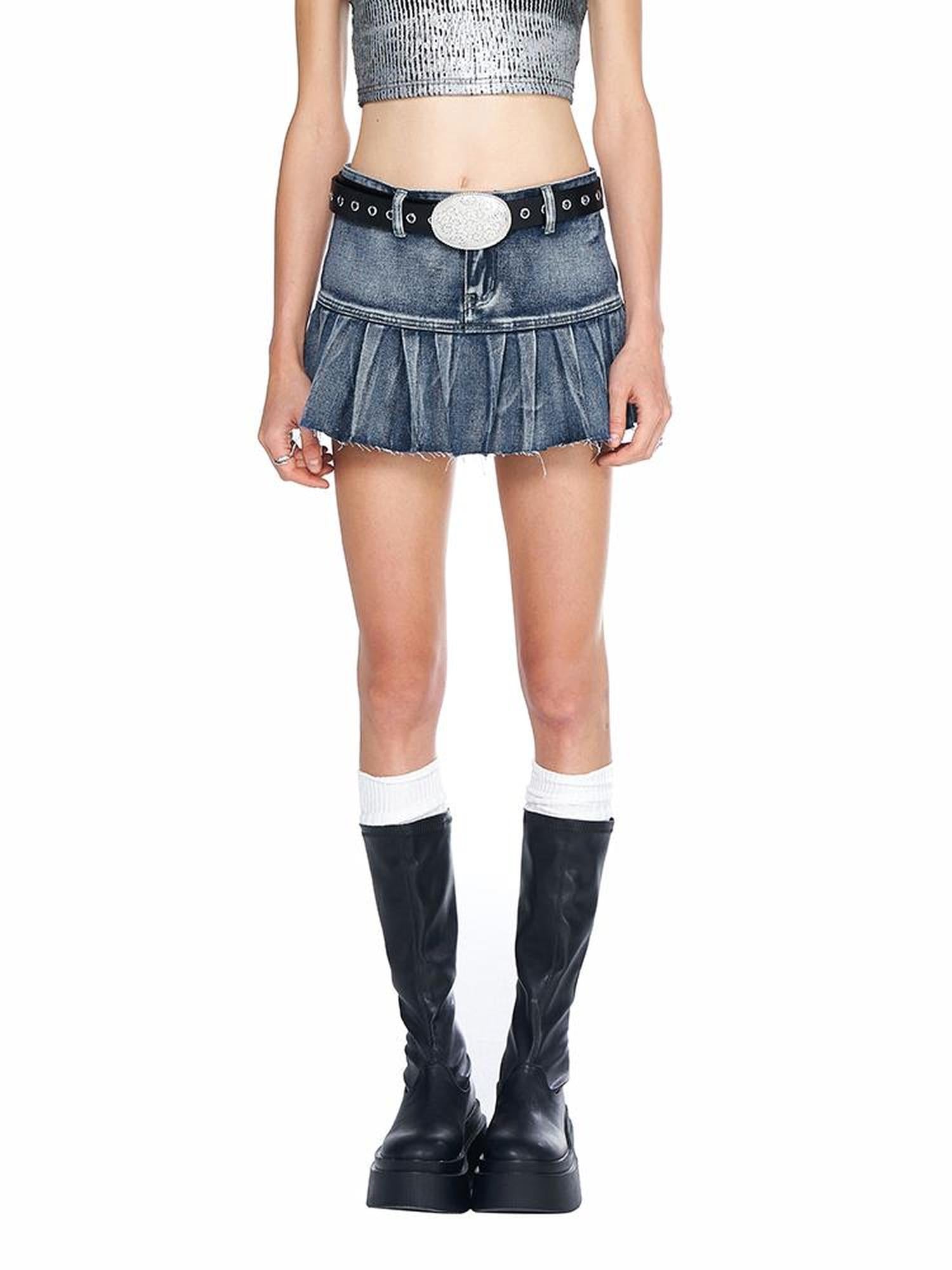 AFTADAWN Vintage Wash Denim Mini Skirt Pleated