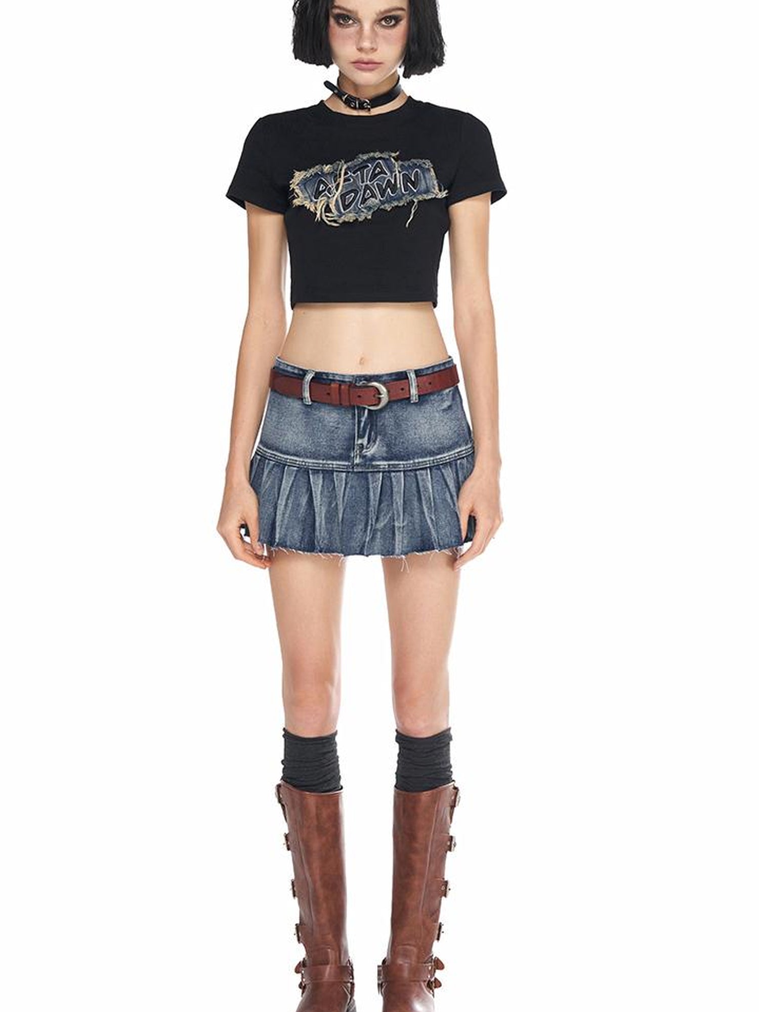 AFTADAWN Vintage Wash Denim Mini Skirt Pleated