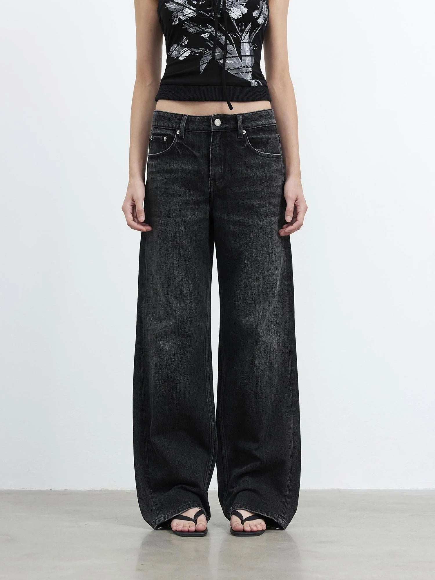 Vintage Washed Black Wide Leg Denim Jeans