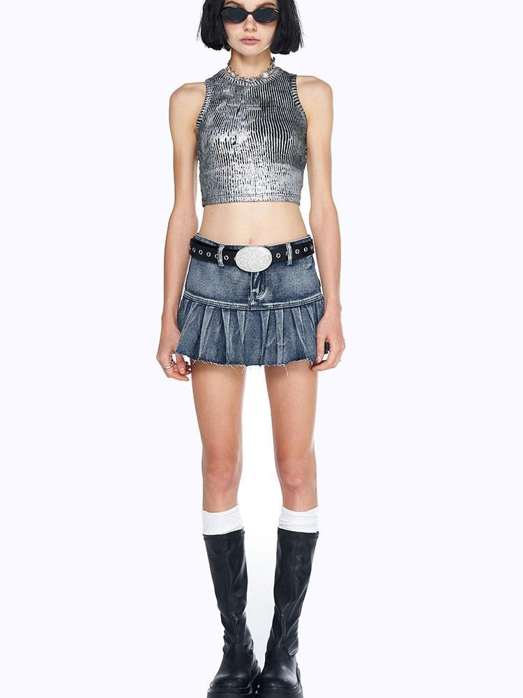 AFTADAWN Vintage Washed Blue High Waist A Line Mini Women&
