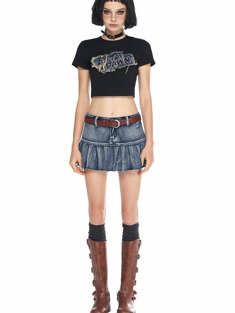 AFTADAWN Vintage Washed Blue High Waist A Line Mini Women&