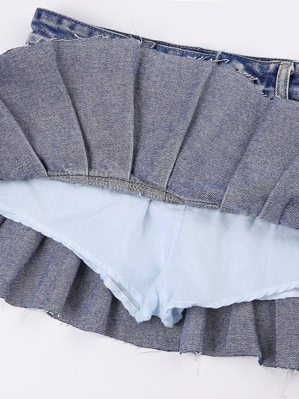 AFTADAWN Vintage Washed Blue High Waist A Line Mini Women&