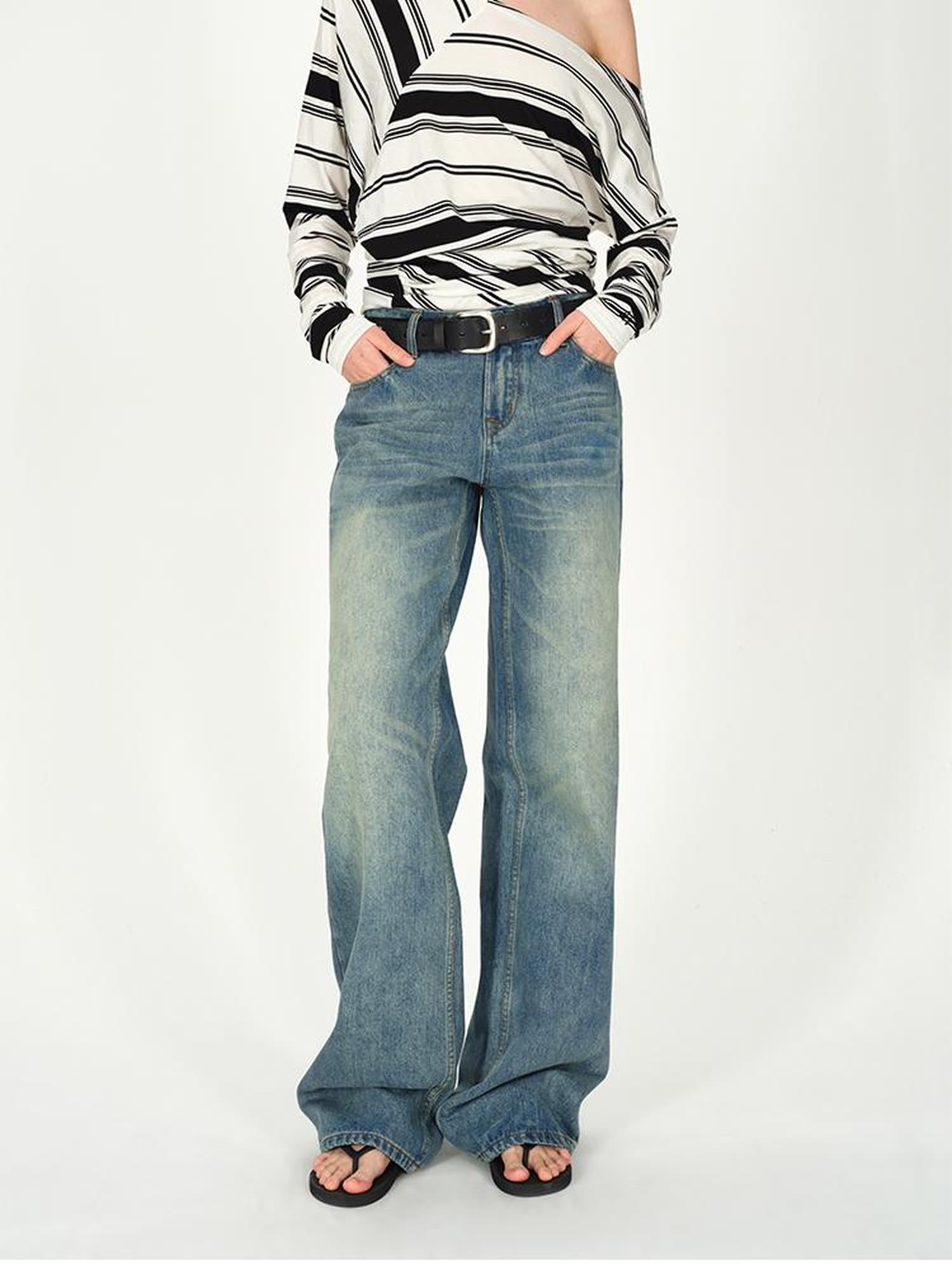 AFTADAWN Vintage Washed Blue Relaxed Straight Leg Jeans