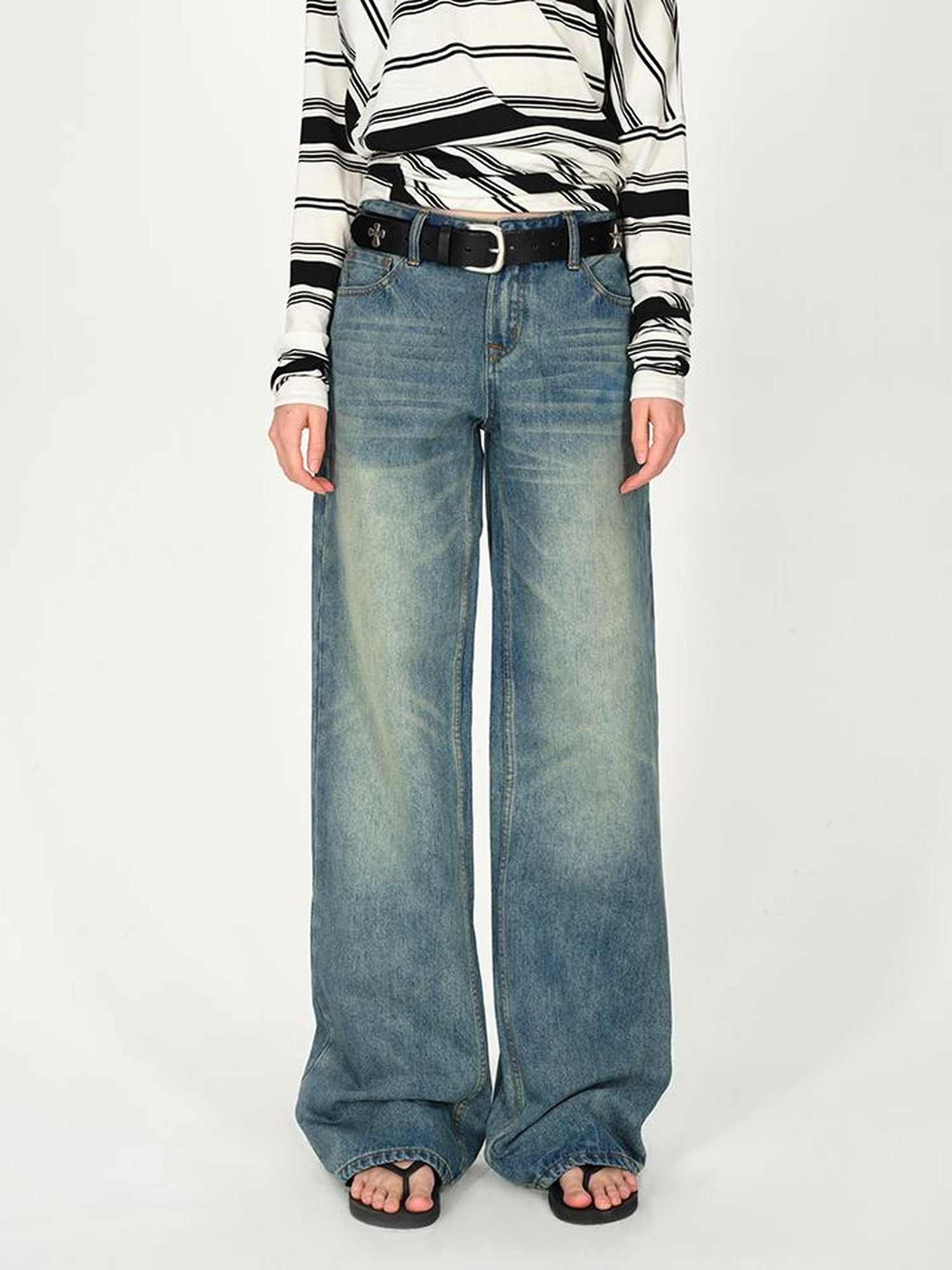 AFTADAWN Vintage Washed Blue Relaxed Straight Leg Jeans