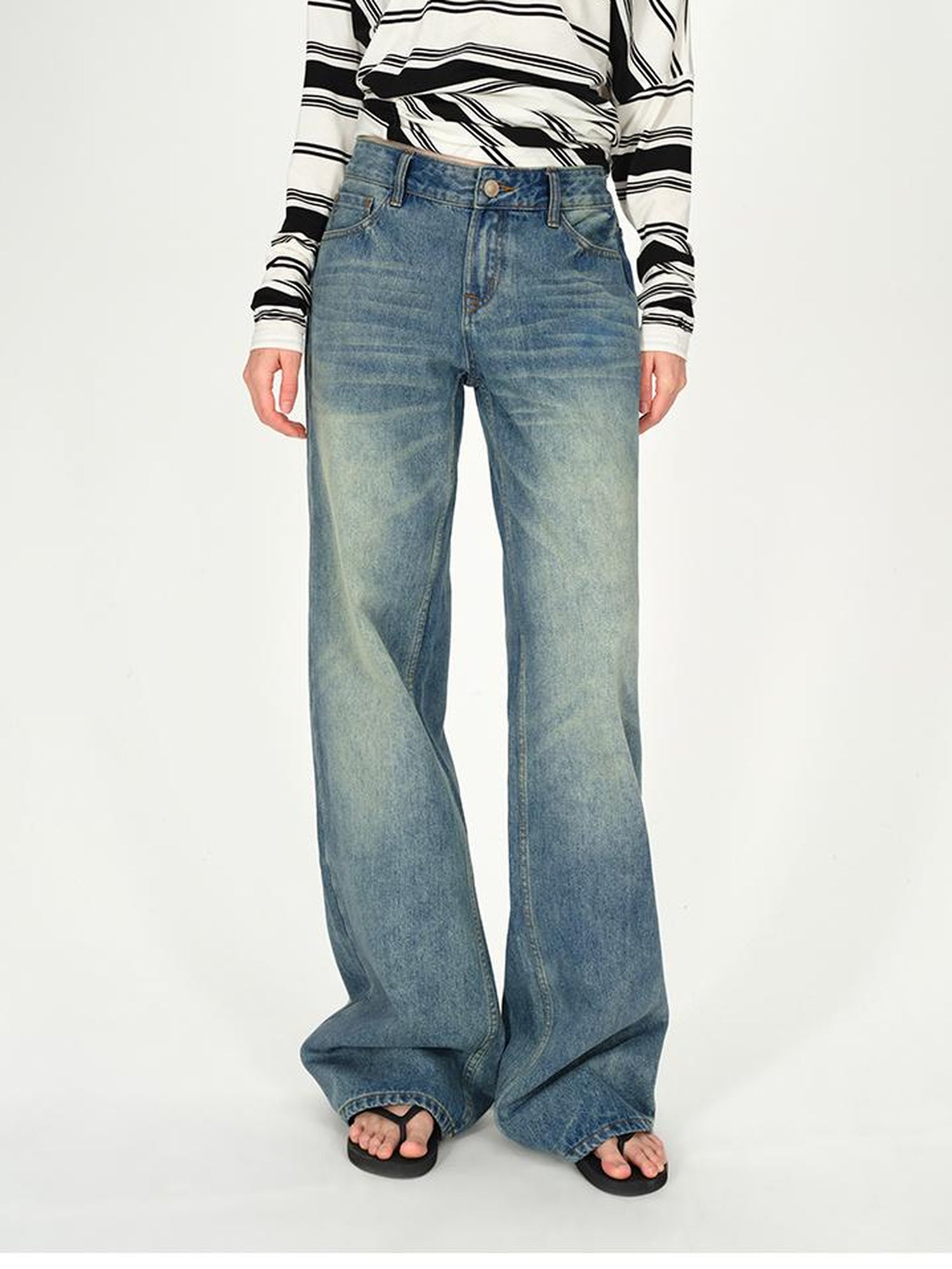 AFTADAWN Vintage Washed Blue Relaxed Straight Leg Jeans