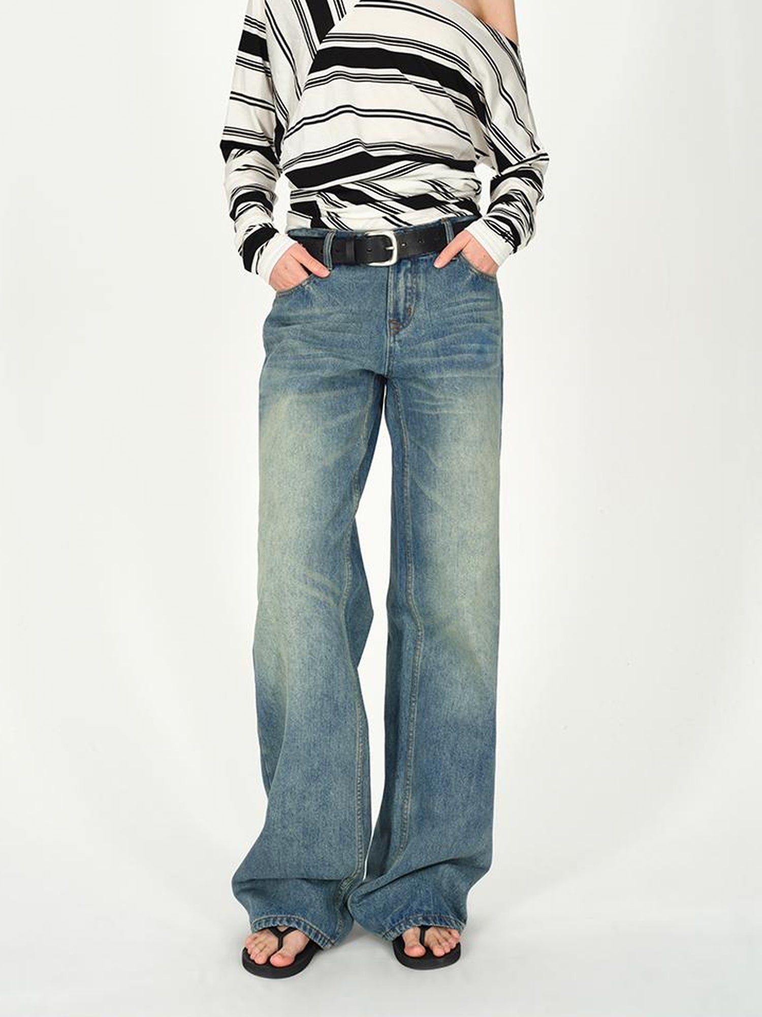 AFTADAWN Vintage Washed Blue Relaxed Straight Leg Jeans