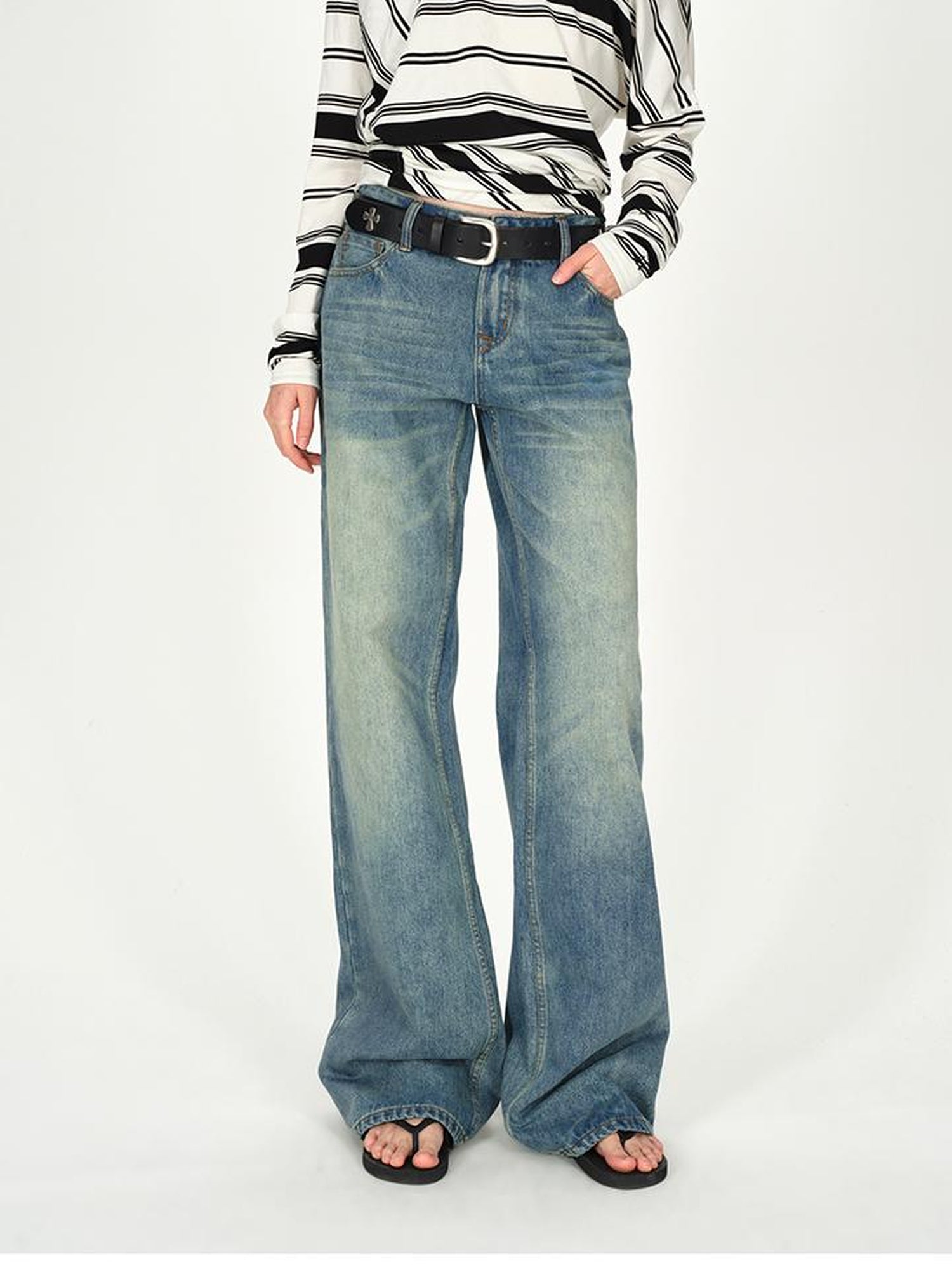 AFTADAWN Vintage Washed Blue Relaxed Straight Leg Jeans