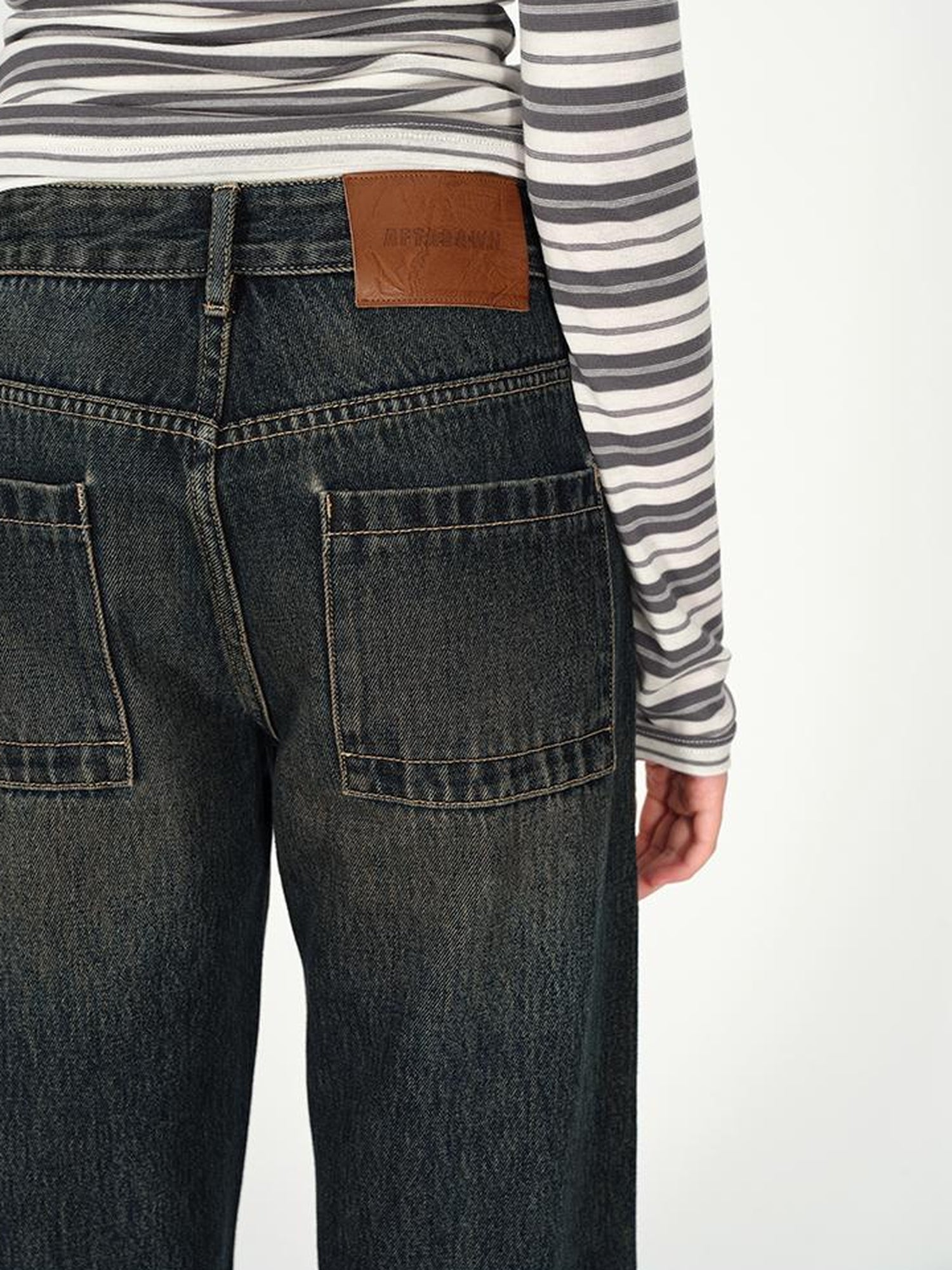 AFTADAWN Vintage Washed Low Rise Relaxed Wide Leg Denim Pants