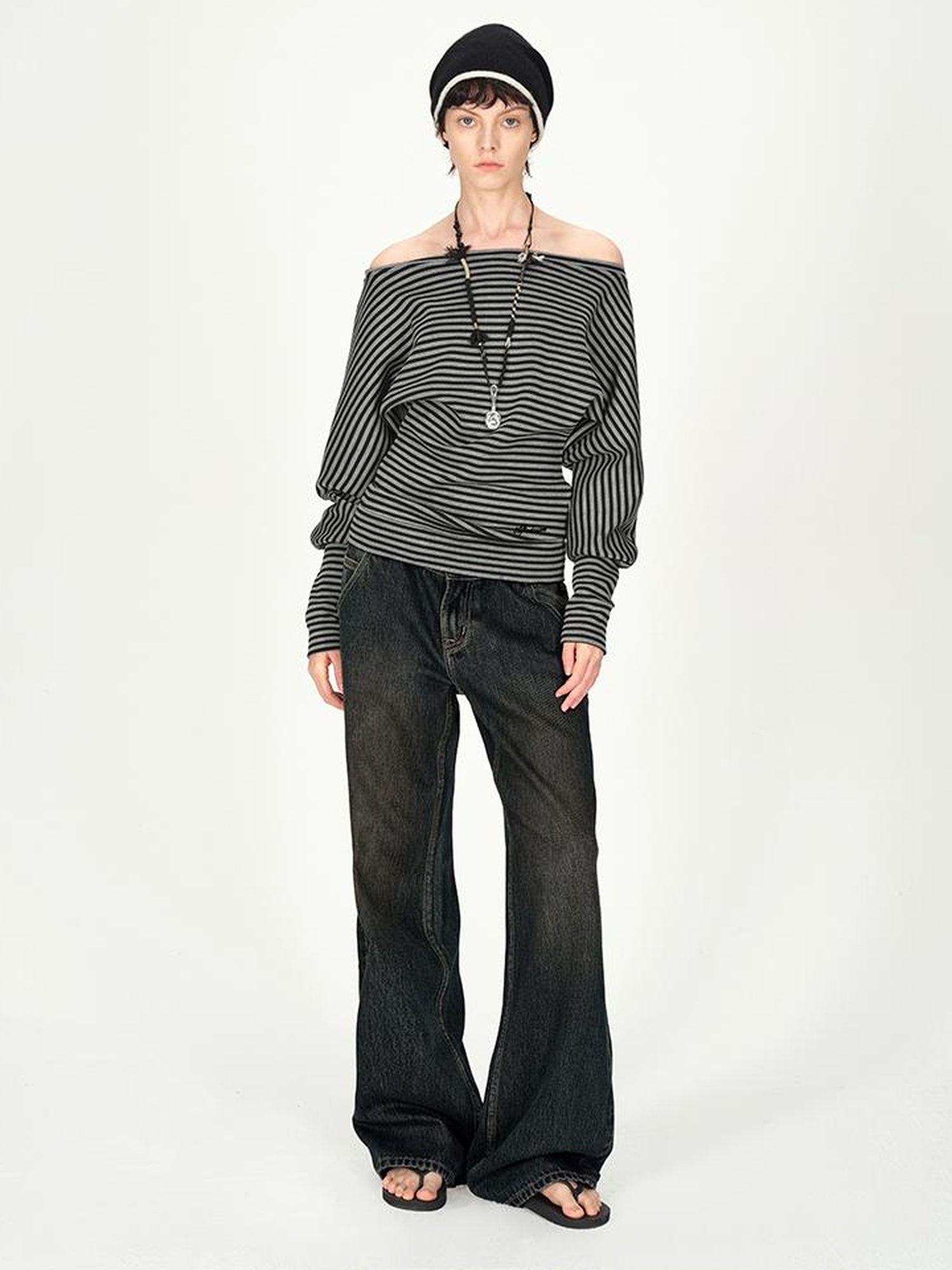 AFTADAWN Vintage Washed Low Rise Relaxed Wide Leg Denim Pants