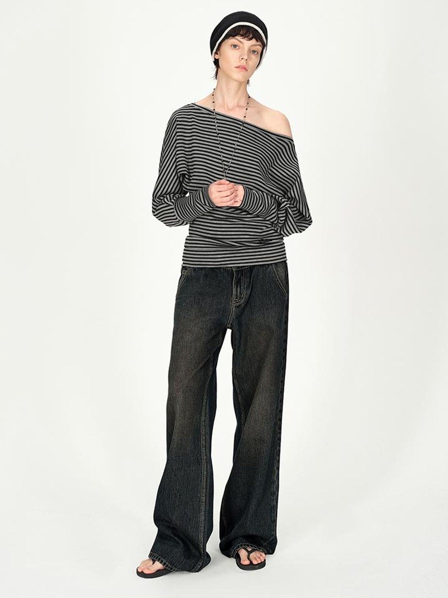 AFTADAWN Vintage Washed Low Rise Relaxed Wide Leg Denim Pants