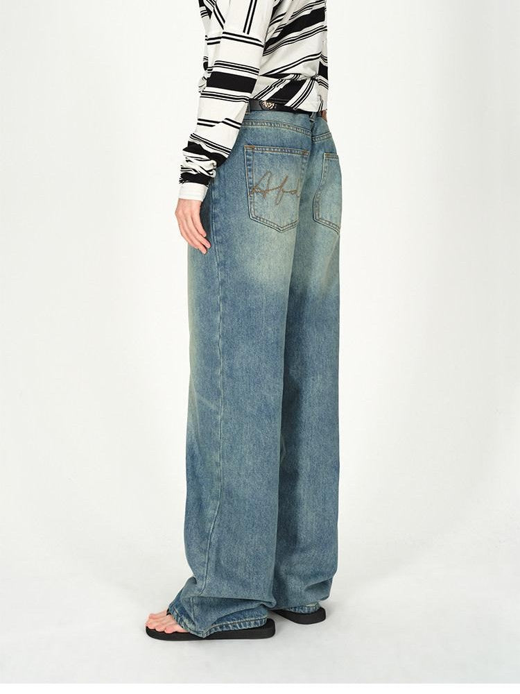AFTADAWN Vintage Washed Low Rise Wide Loose Women&