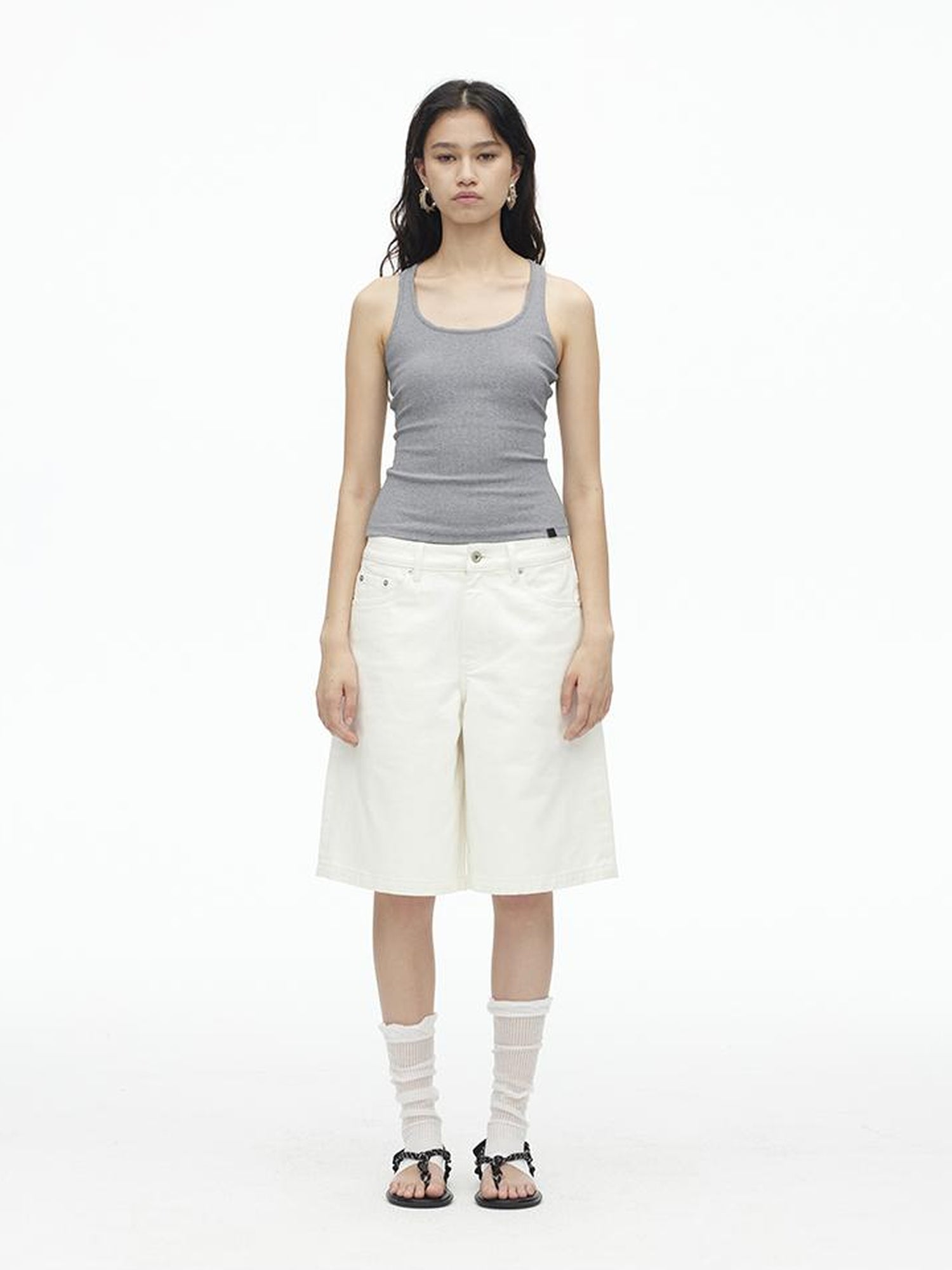 AFTADAWN Vintage Washed White Cotton Relaxed Fit Mid Thigh Denim Shorts