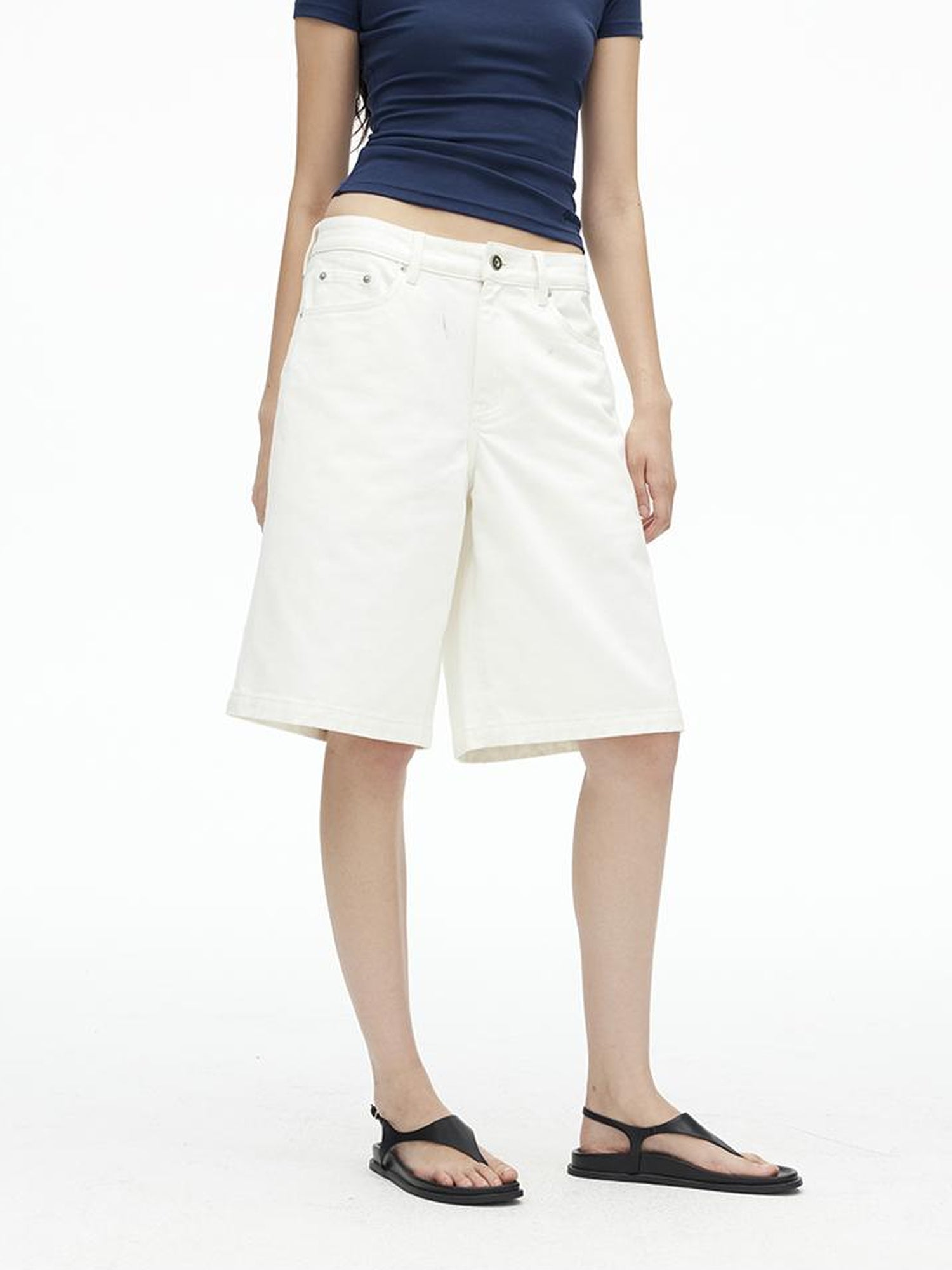 AFTADAWN Vintage Washed White Cotton Relaxed Fit Mid Thigh Denim Shorts