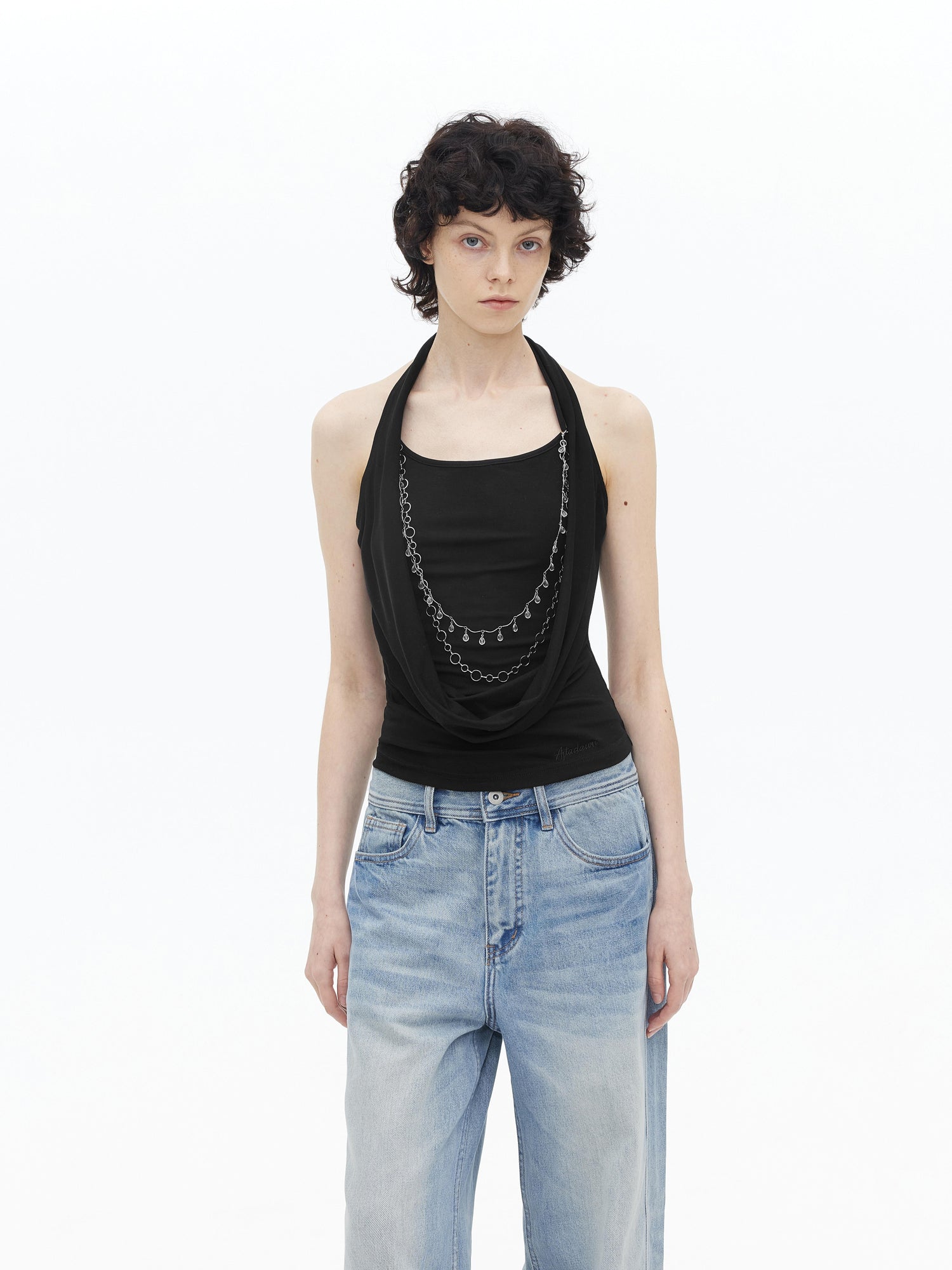 AFTADAWN Viscose Halter Neck Draped Layered Detachable Chain Vest