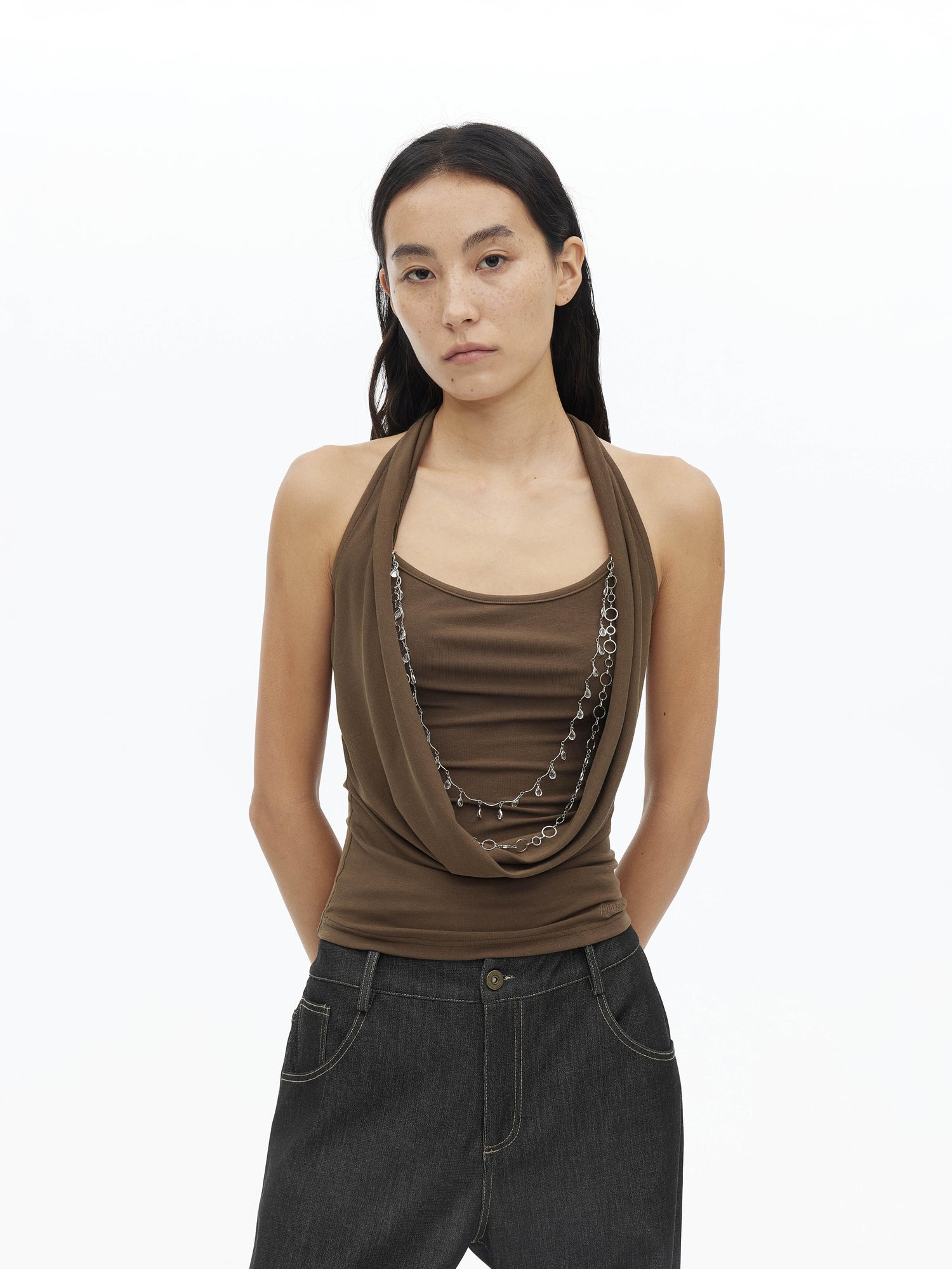 AFTADAWN Viscose Halter Neck Draped Layered Detachable Chain Vest