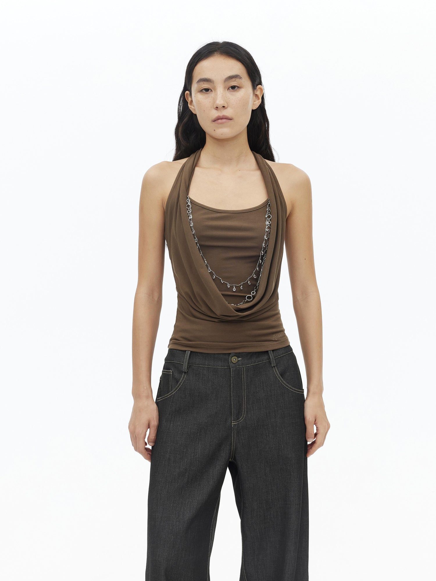 AFTADAWN Viscose Halter Neck Draped Layered Detachable Chain Vest