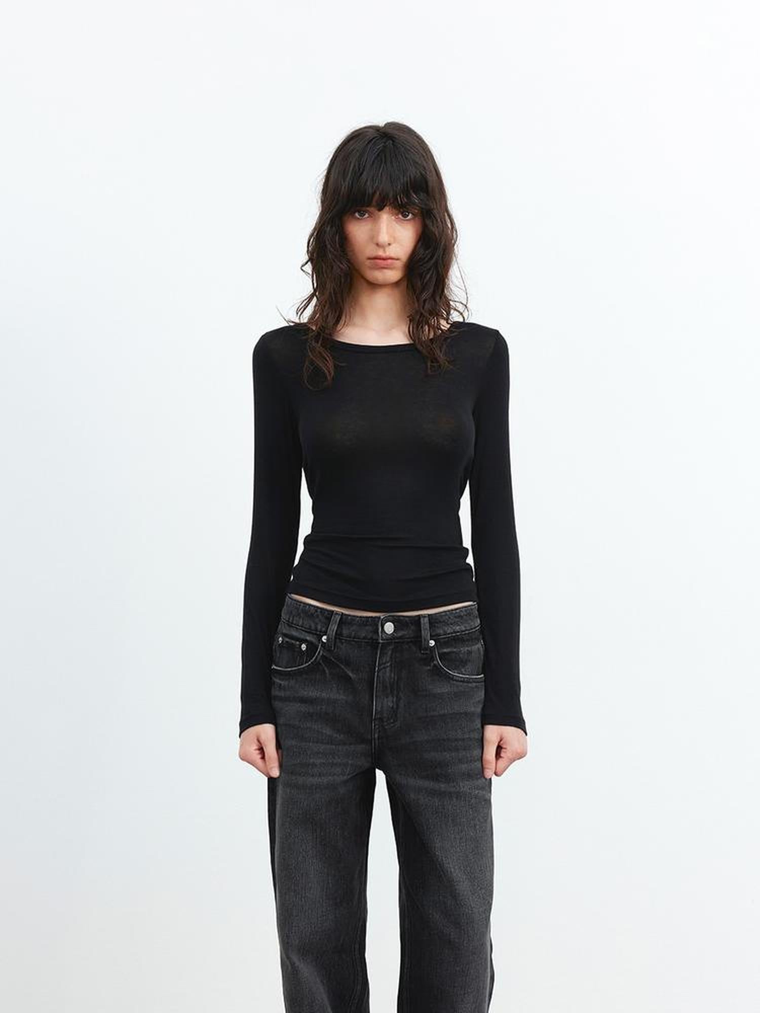 AFTADAWN Viscose Wool Backless Beaded Long Sleeve V-neck Top