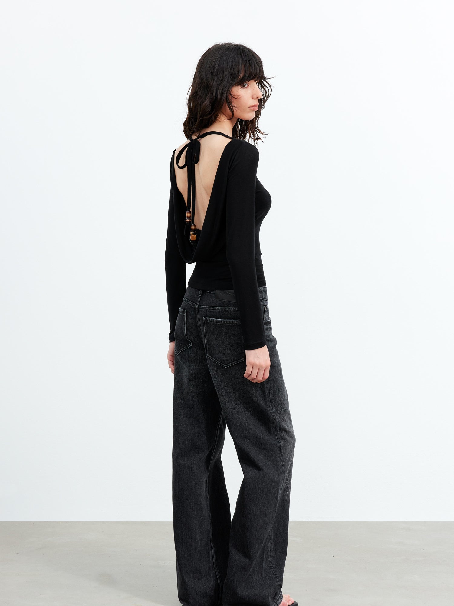 AFTADAWN Viscose Wool Backless Beaded Long Sleeve V-neck Top