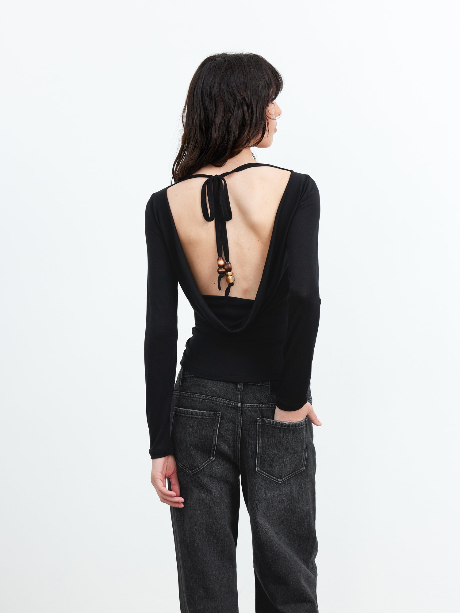 AFTADAWN Viscose Wool Backless Beaded Long Sleeve V-neck Top