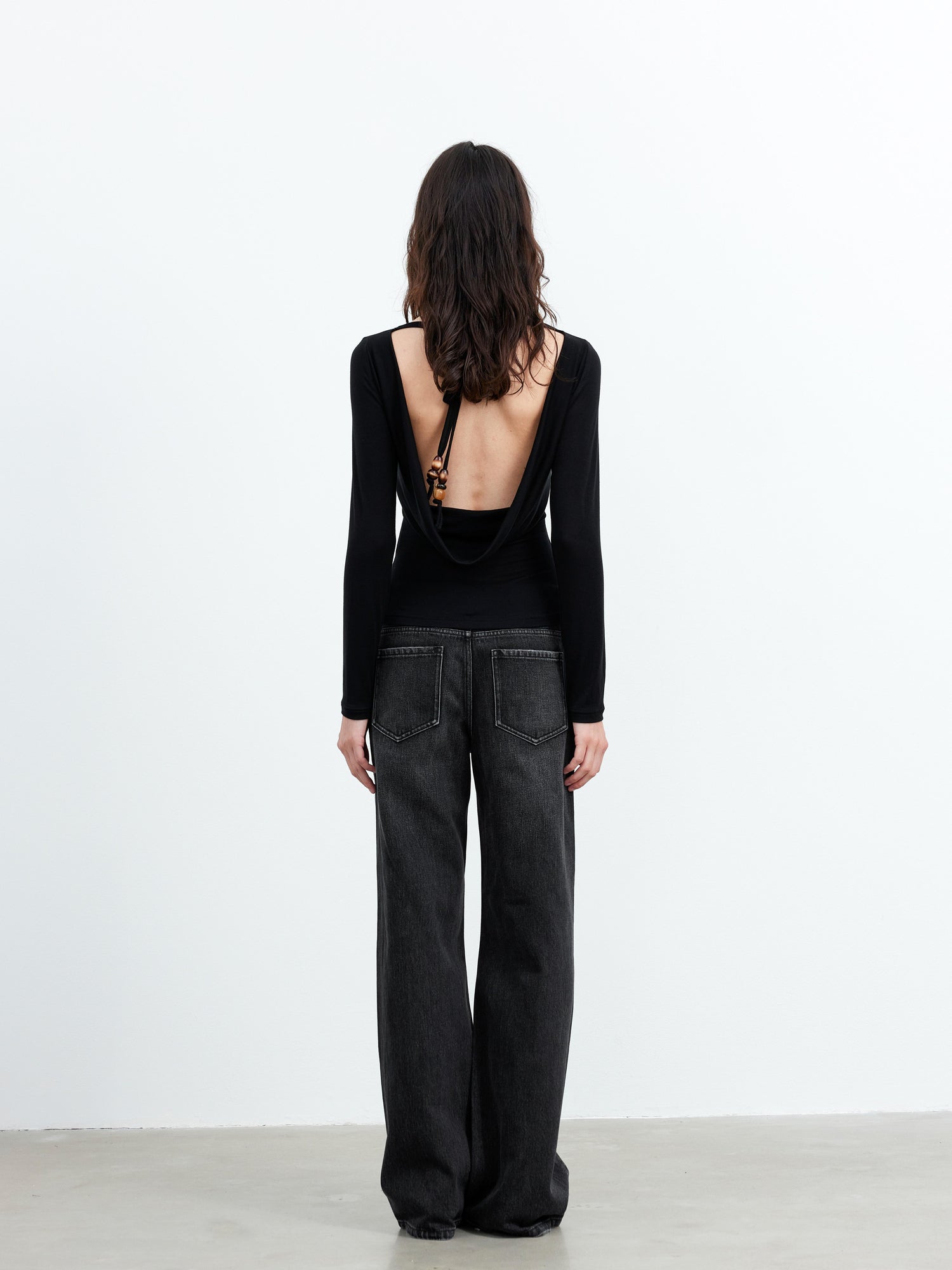 AFTADAWN Viscose Wool Backless Beaded Long Sleeve V-neck Top
