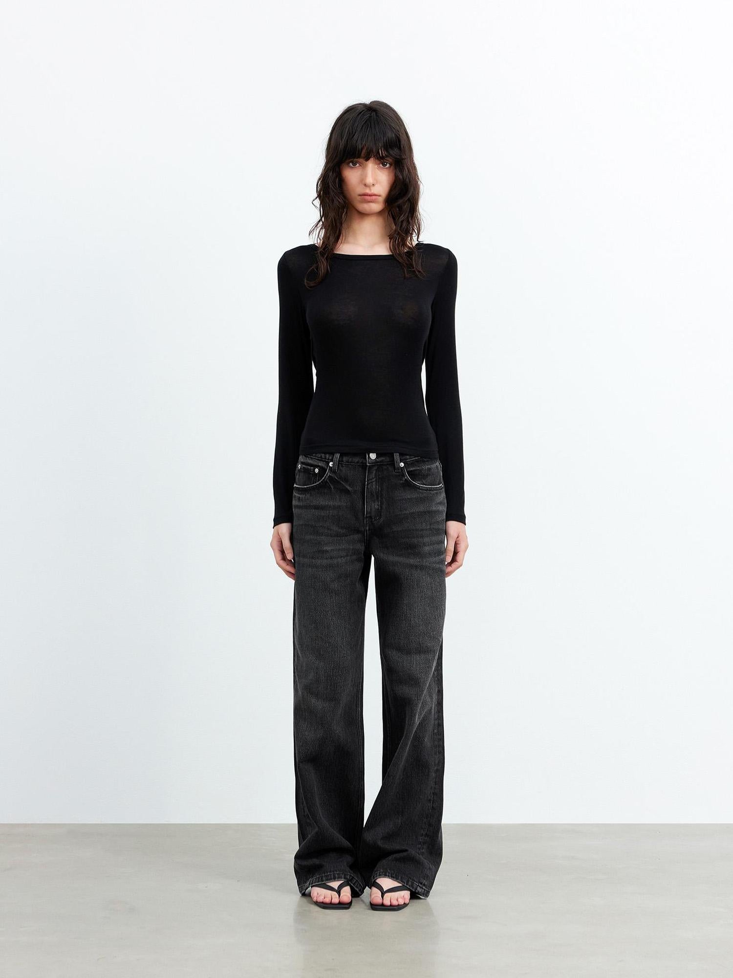 AFTADAWN Viscose Wool Backless Beaded Long Sleeve V-neck Top