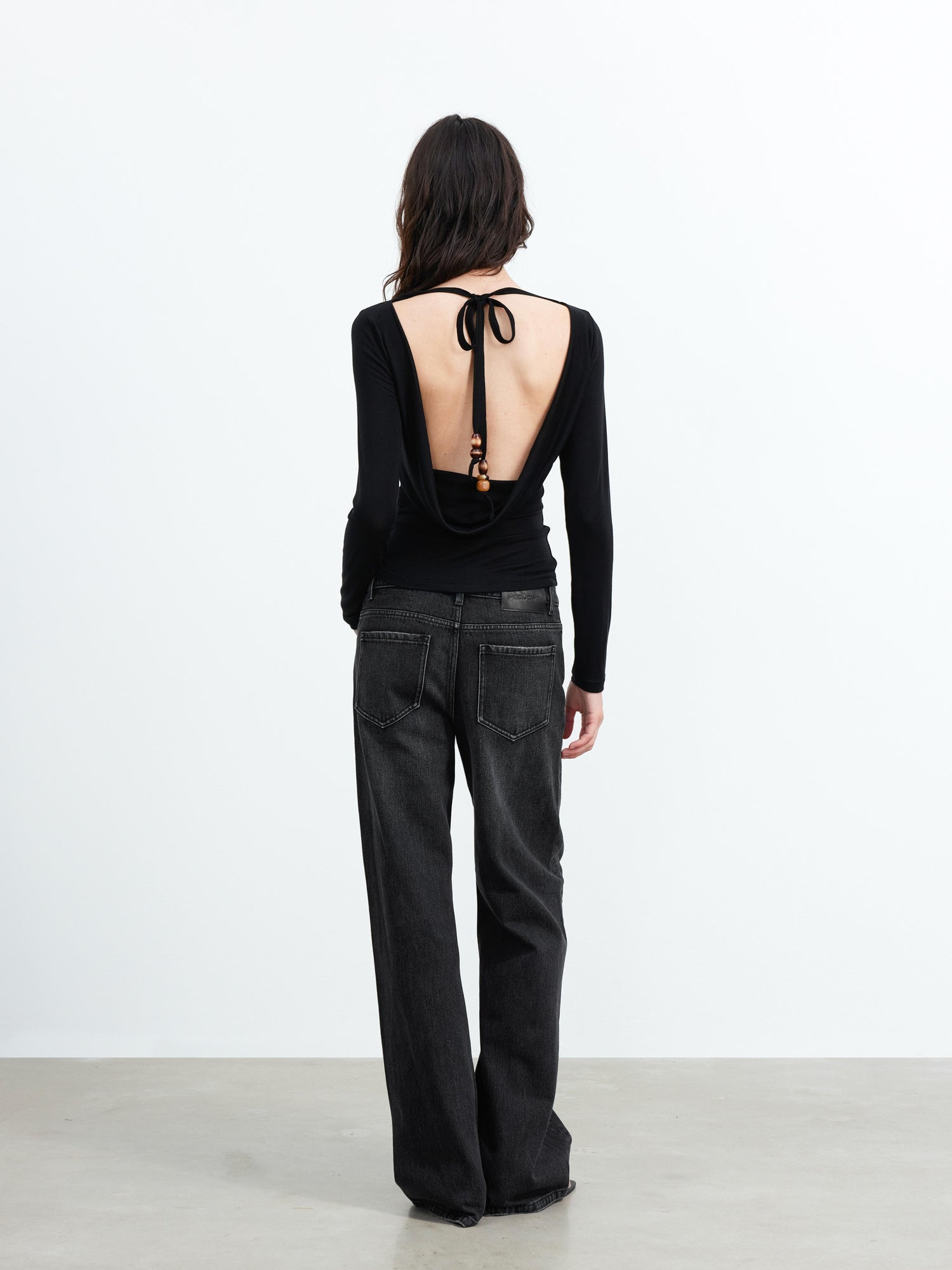 AFTADAWN Viscose Wool Backless Beaded Long Sleeve V-neck Top