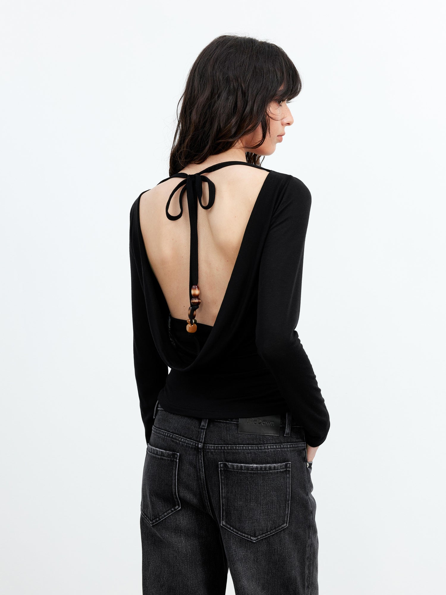 AFTADAWN Viscose Wool Backless Beaded Long Sleeve V-neck Top