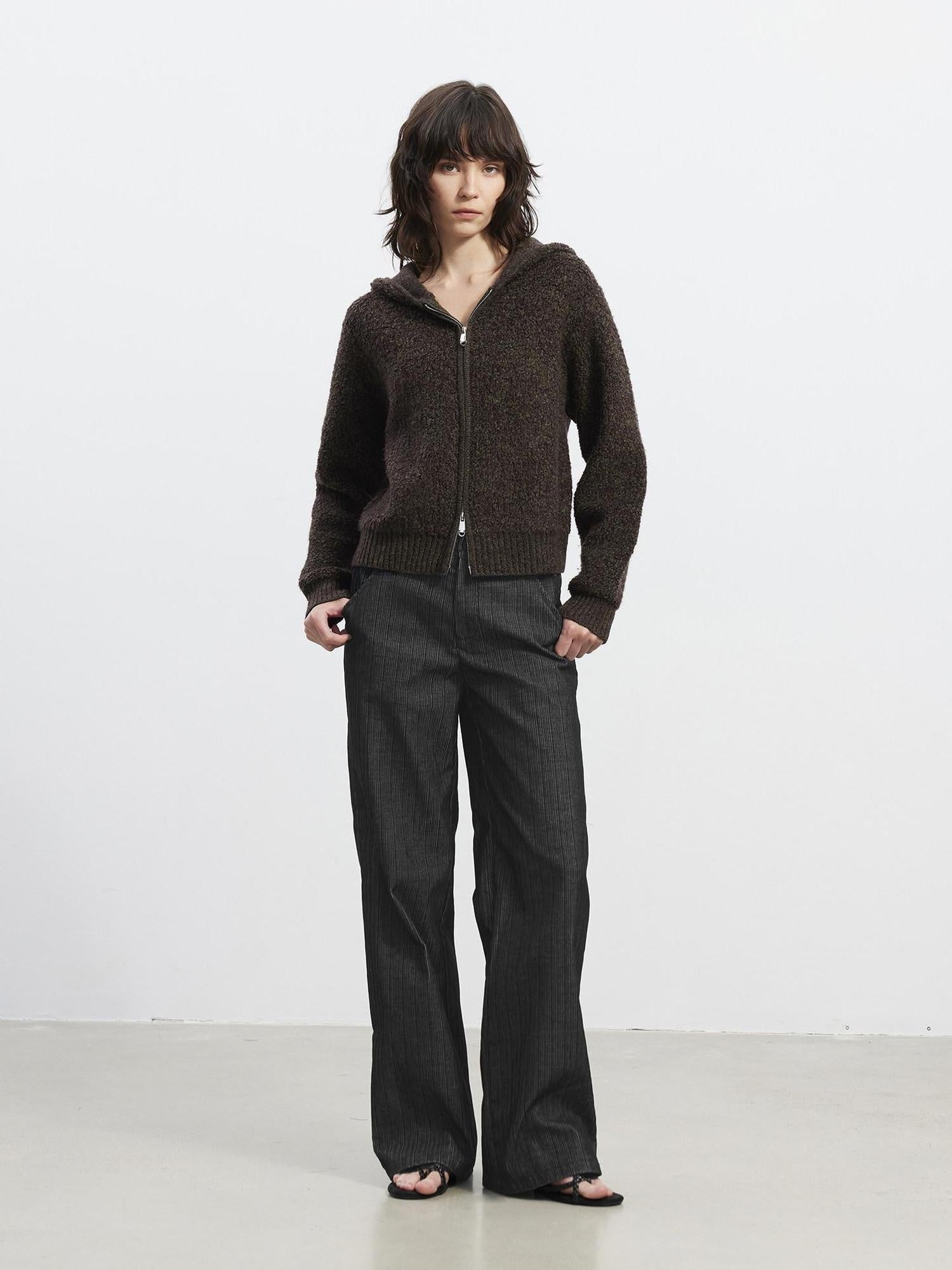 AFTADAWN Warm Pure Lambswool Zip Up Cropped Loose Slouchy Hooded Women Beige Hoodies