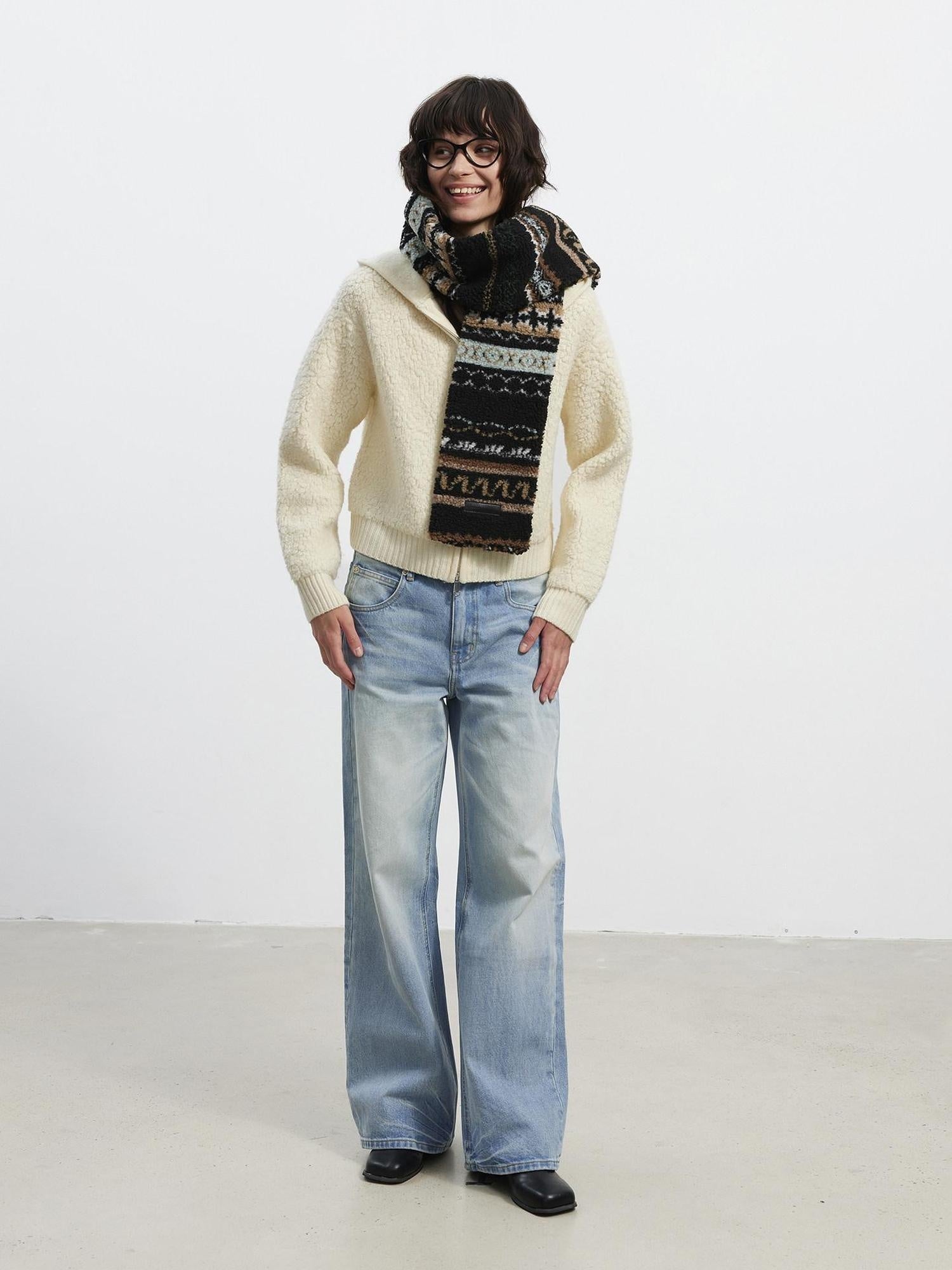 AFTADAWN Warm Pure Lambswool Zip Up Cropped Loose Slouchy Hooded Women Beige Hoodies