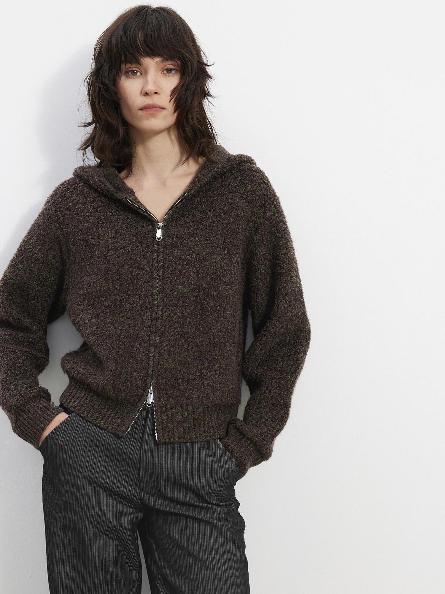 AFTADAWN Warm Pure Lambswool Zip Up Cropped Loose Slouchy Hooded Women Beige Hoodies