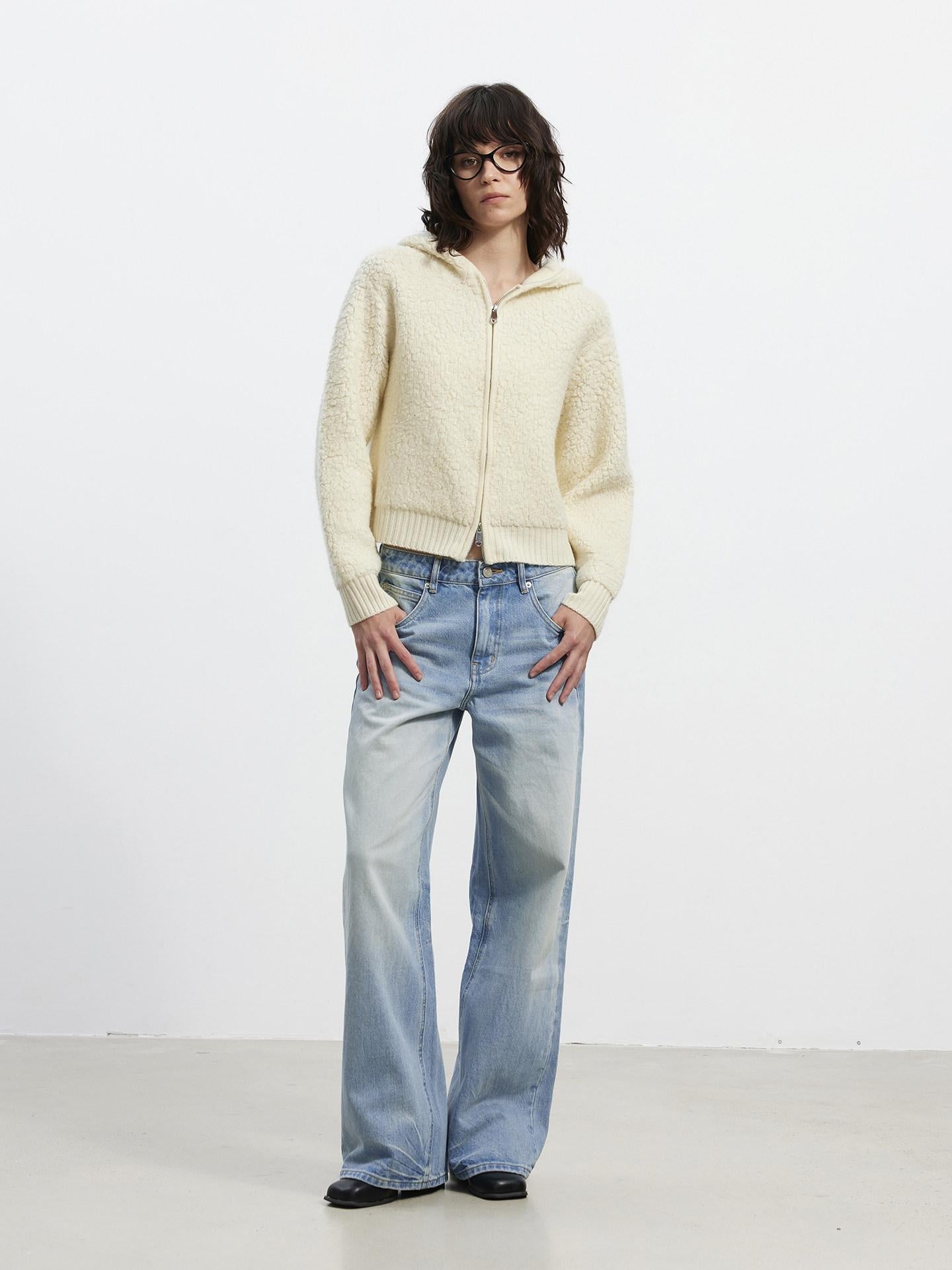 AFTADAWN Warm Pure Lambswool Zip Up Cropped Loose Slouchy Hooded Women Beige Hoodies