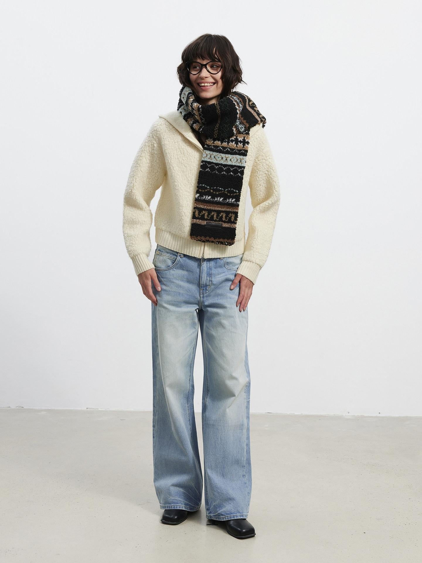 AFTADAWN Warm Pure Lambswool Zip Up Cropped Loose Slouchy Hooded Women Beige Hoodies