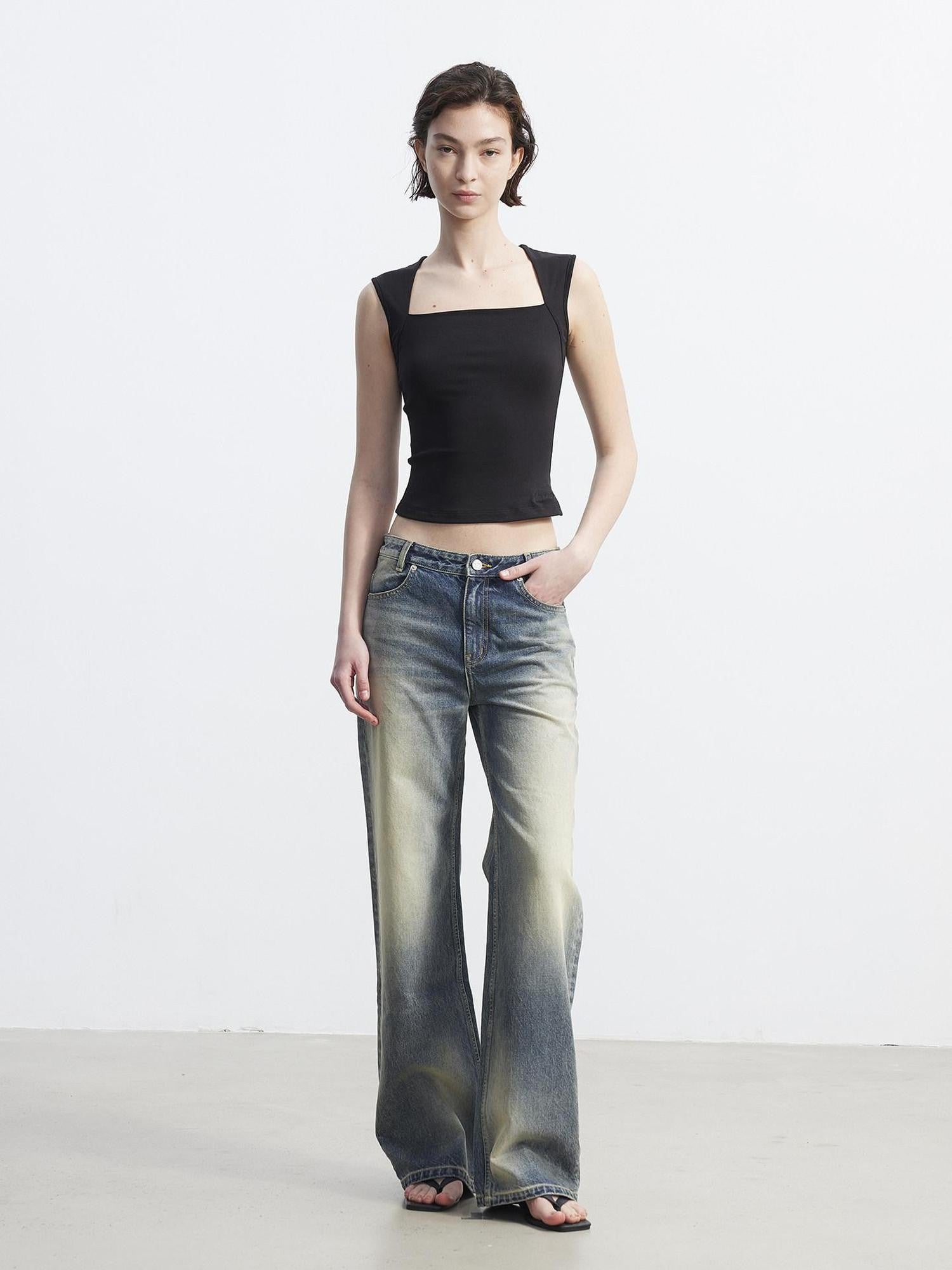 AFTADAWN Washed Distressed Relaxed Slimming Silhouette Women&