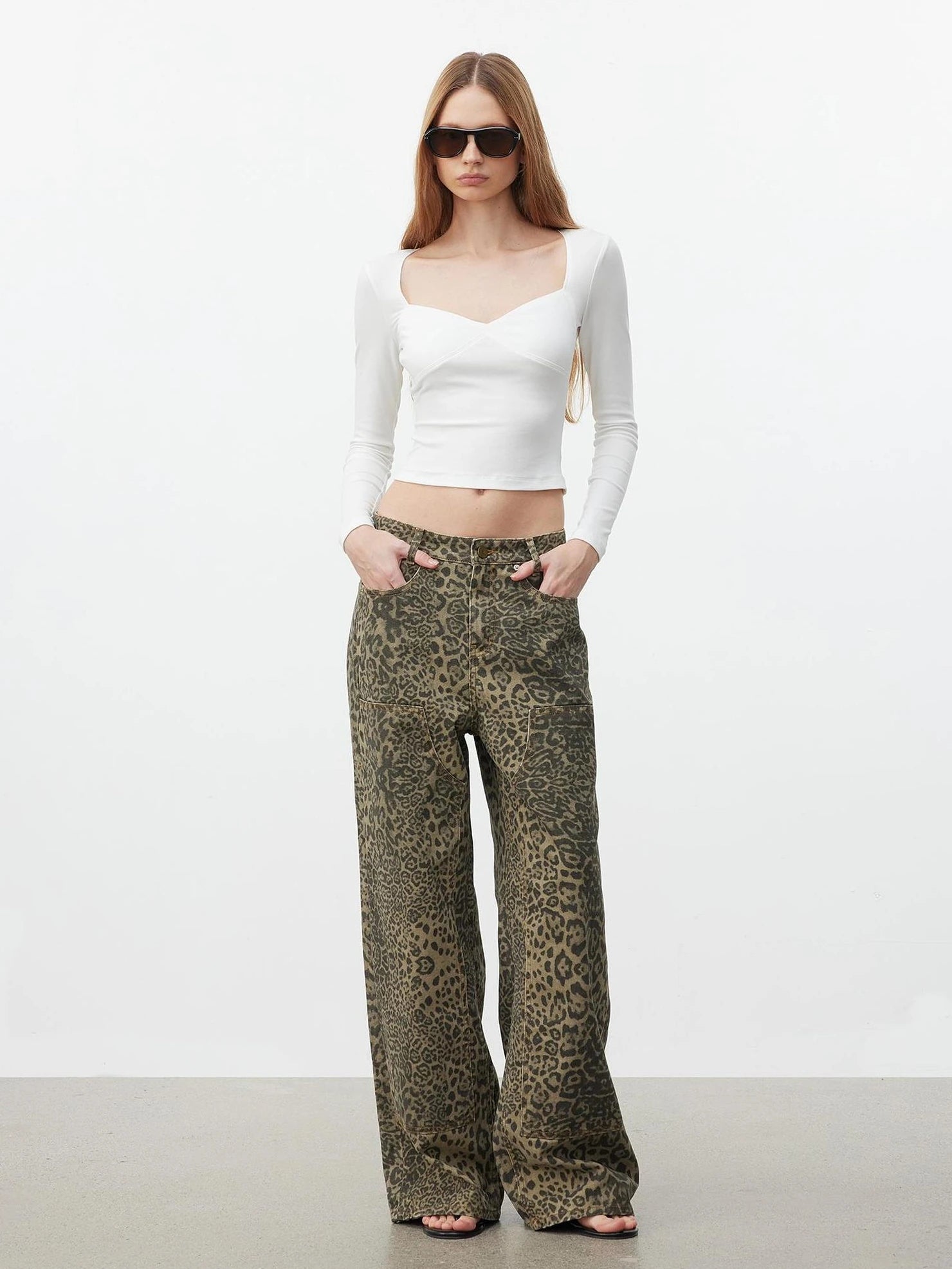 AFTADAWN Washed Leopard Print Loose Fit Straight Leg Jeans Jeans