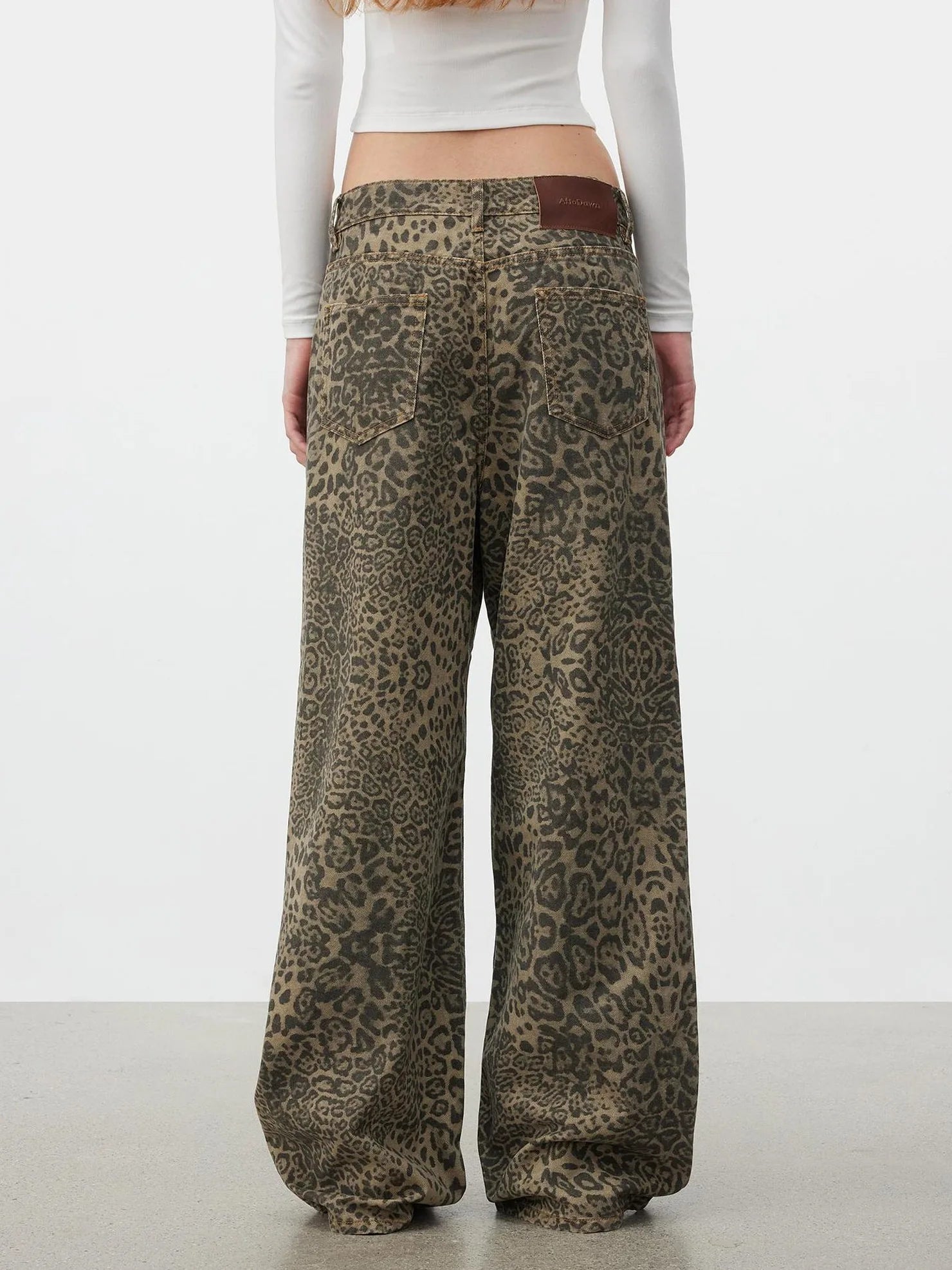 AFTADAWN Washed Leopard Print Loose Fit Straight Leg Jeans Jeans