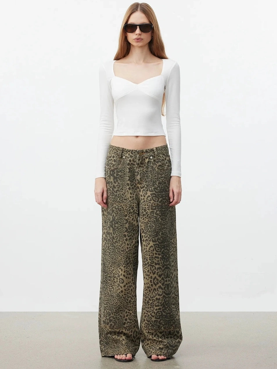 AFTADAWN Washed Leopard Print Loose Fit Straight Leg Jeans Jeans