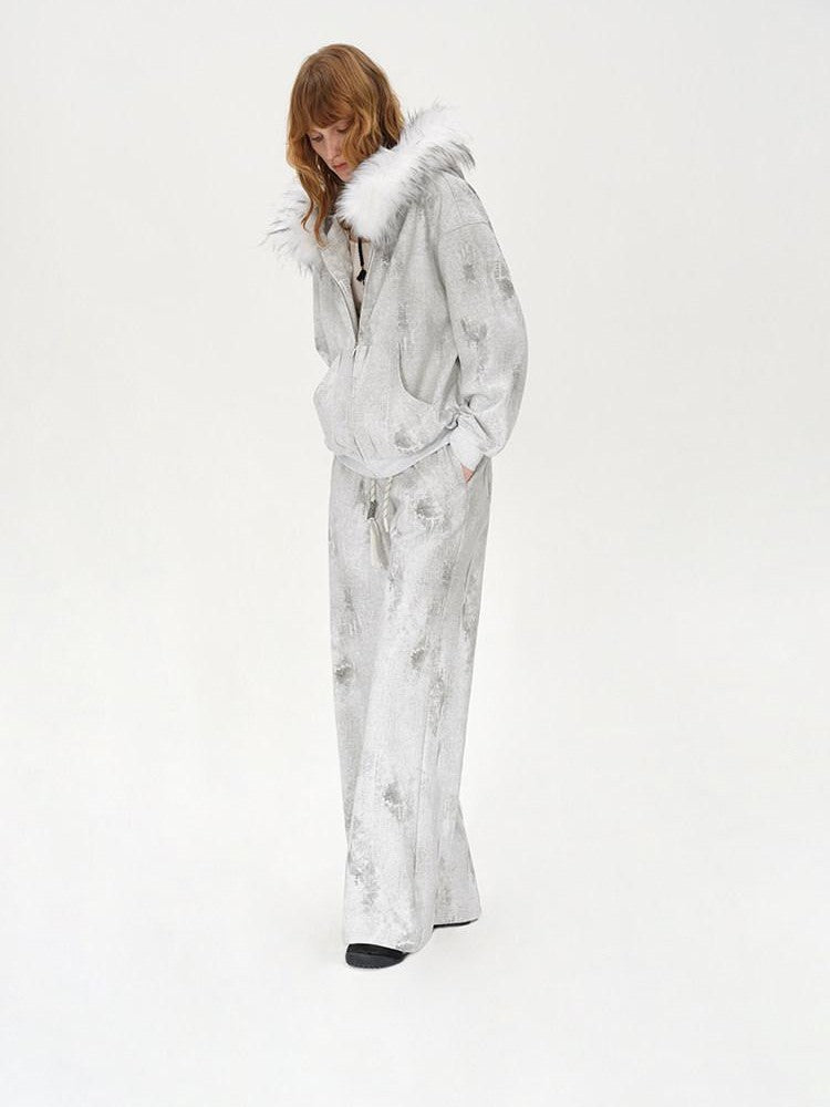AFTADAWN Wax Dyed Patchwork Loose Fit Removable Fur Women&