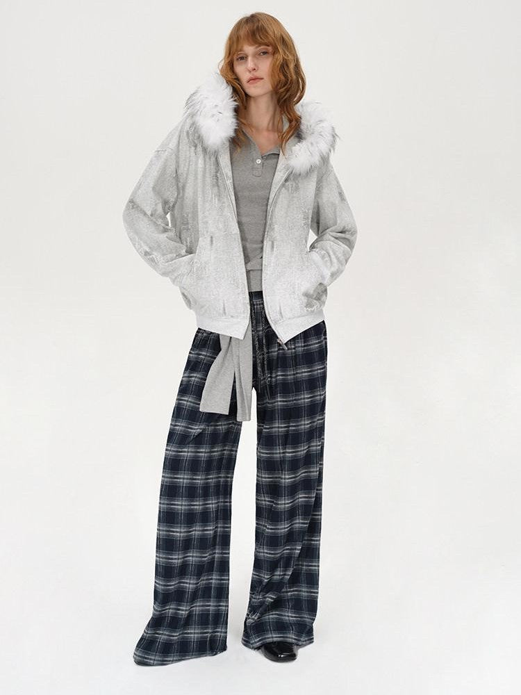 AFTADAWN Wax Dyed Patchwork Loose Fit Removable Fur Women&