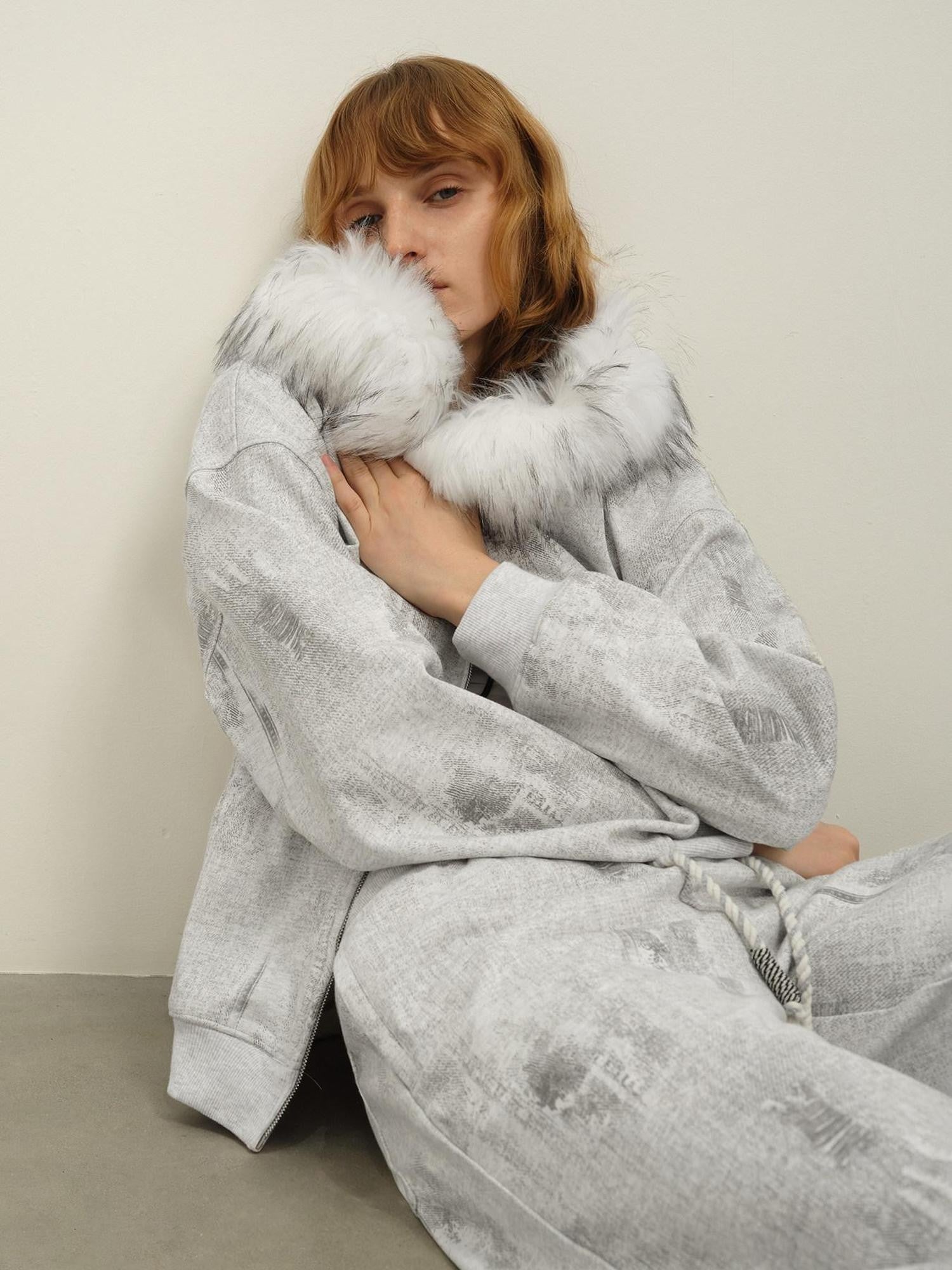 AFTADAWN Wax Dyed Patchwork Loose Fit Removable Fur Women&